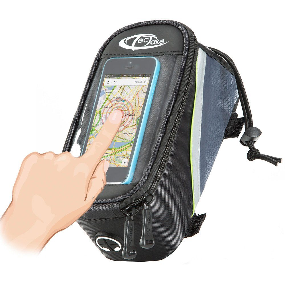 tectake Fahrradtasche Fahrradhandytasche, Zusätzliche Spannseil-Sicherung, (Gepäckträgertasche, in schwarz/grau/grün), Wasserabweisend, Handyfach mit Sichtfenster, Audio-Verlängerungskabel