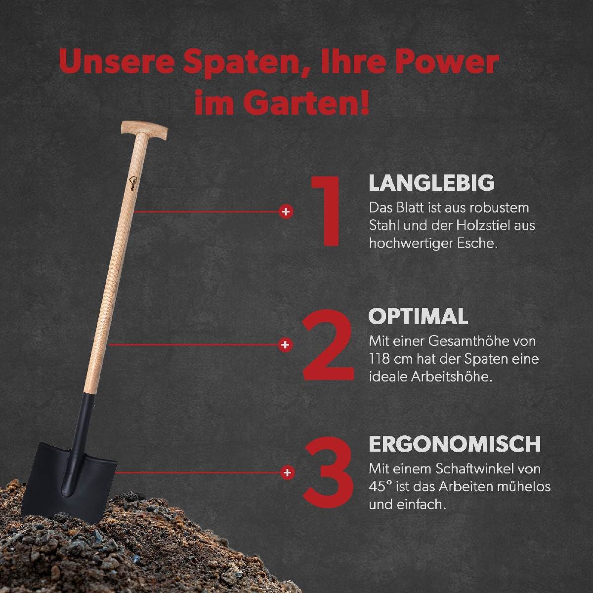 siwitec Spatengabel Spaten rund Gartenspaten SG-320 118 cm Garten Spaten Holzstiel Esche, (Set, Gartengerät in gewählter Ausführung)