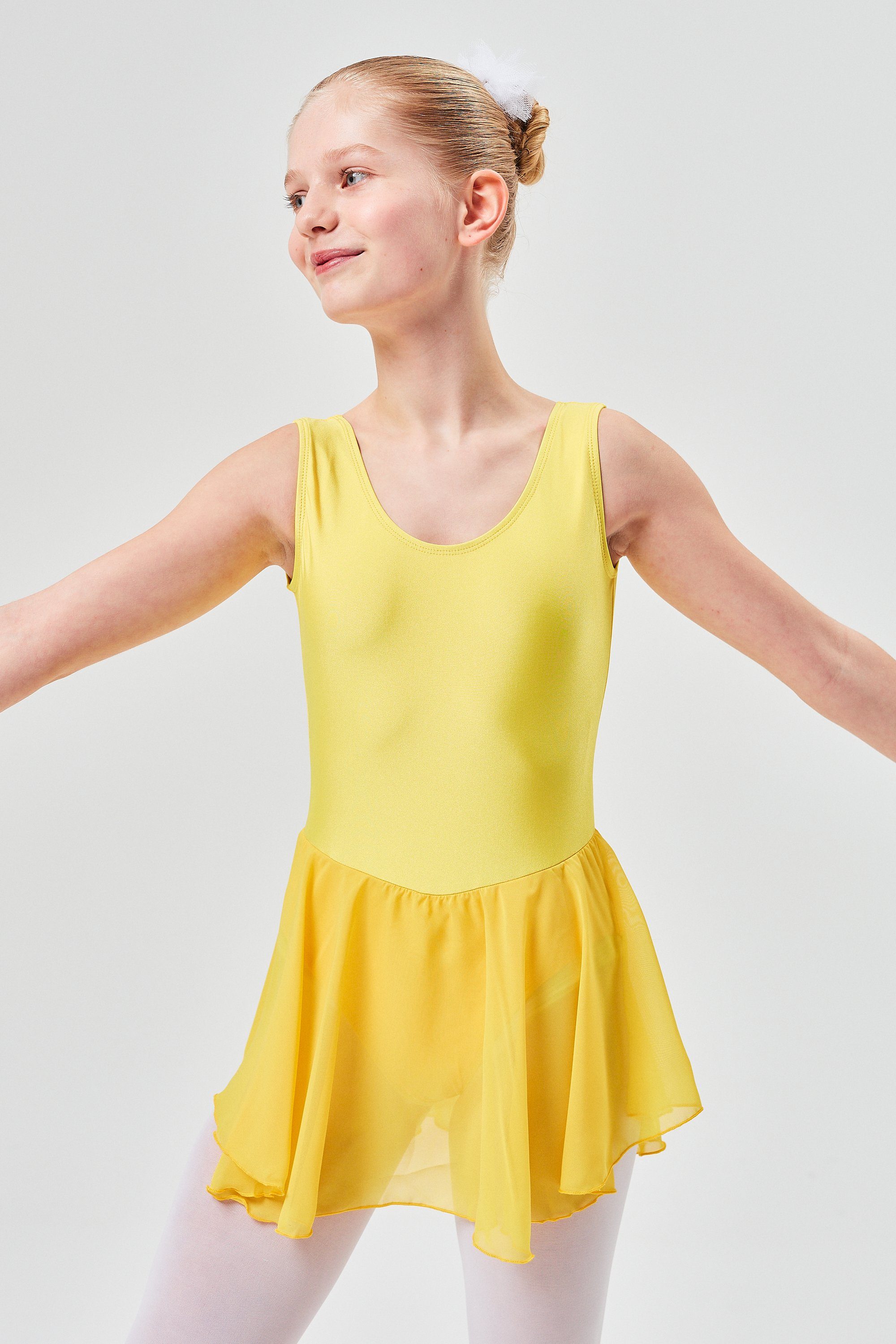 tanzmuster Chiffonkleid Ballettkleid Polly aus glänzendem Lycra Ballett Trikot für Mädchen mit Chiffonrock gelb