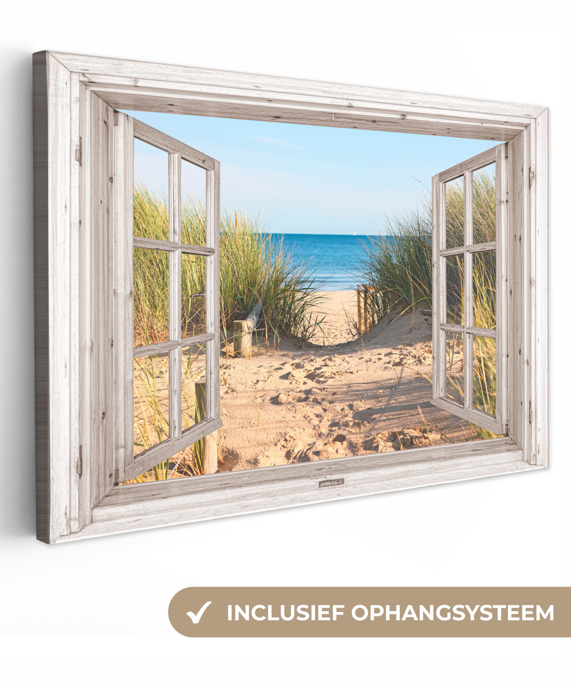 OneMillionCanvasses® Leinwandbild Durchblick - Strand - Meer - Dünen - Sand - Wasser - Hochgras, Fotodruck (1 St), Leinwand Bilder Klein, Wand Dekoration Aesthetic 30x20 cm