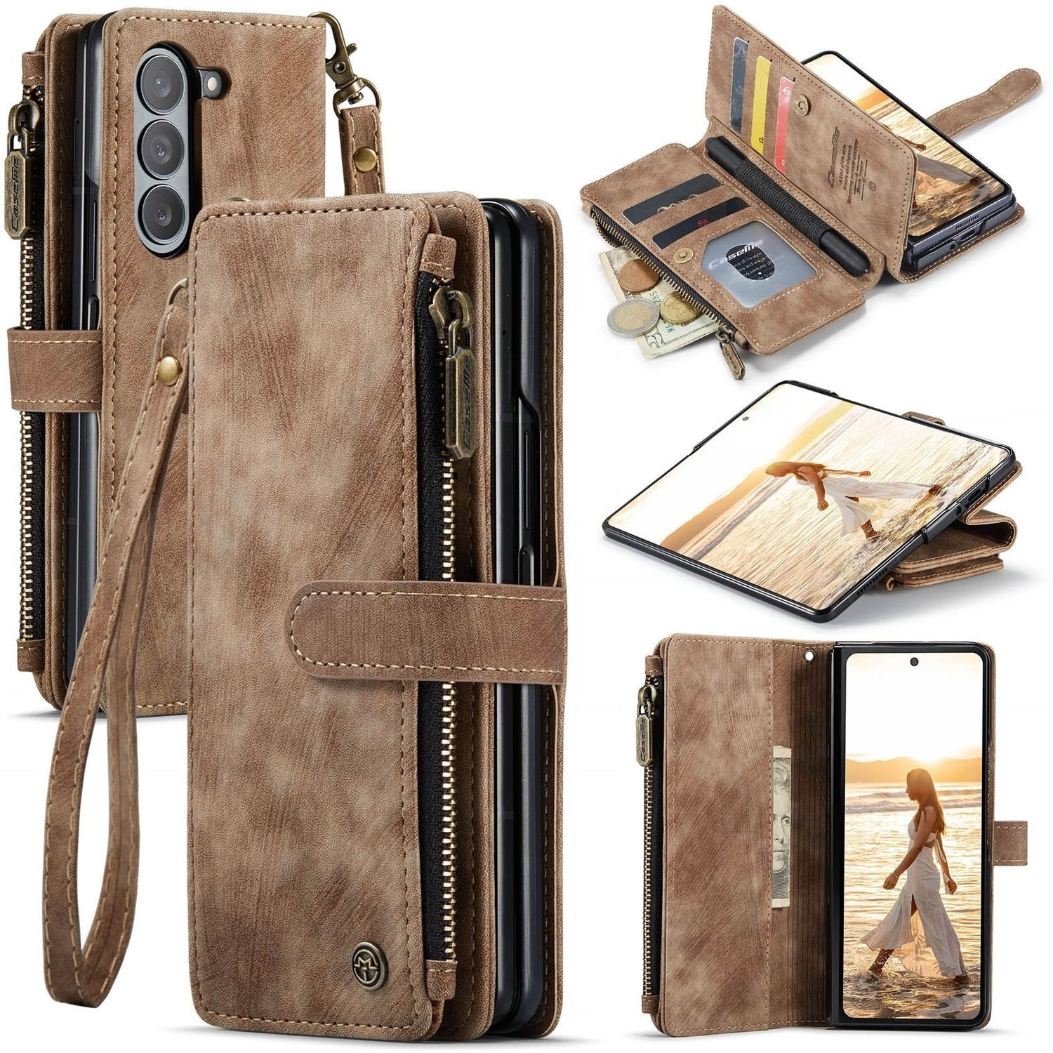 CaseMe Handyhülle Für Samsung Galaxy Z Fold6 Kunstleder Multifunktion Wallet Tasche Case, Kunst-Leder Schutz Tasche Smart Case Multifunktion