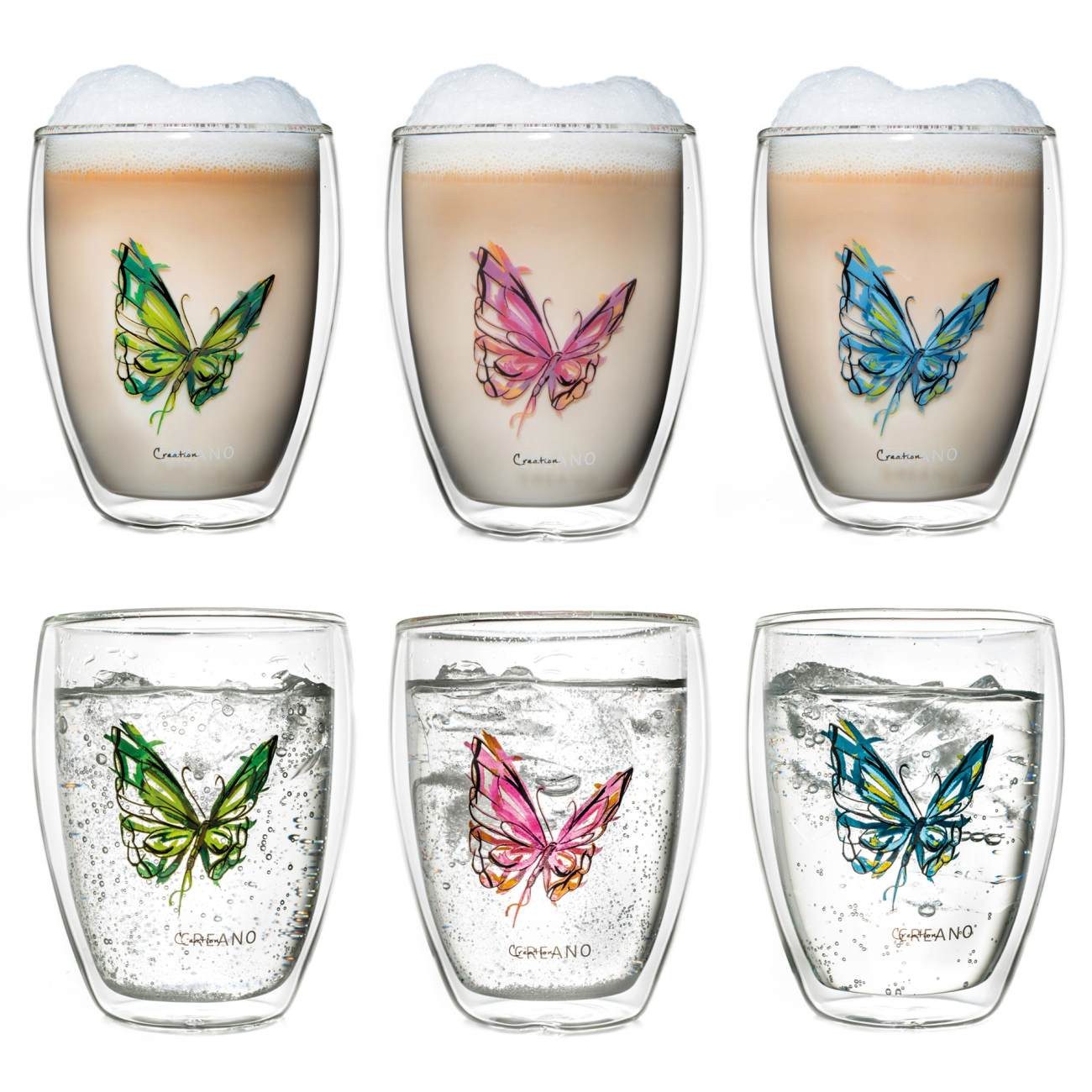 Creano Teeglas 6er-Set Thermoglas “Schmetterling”, Borosilikatglas, 6 Стекло