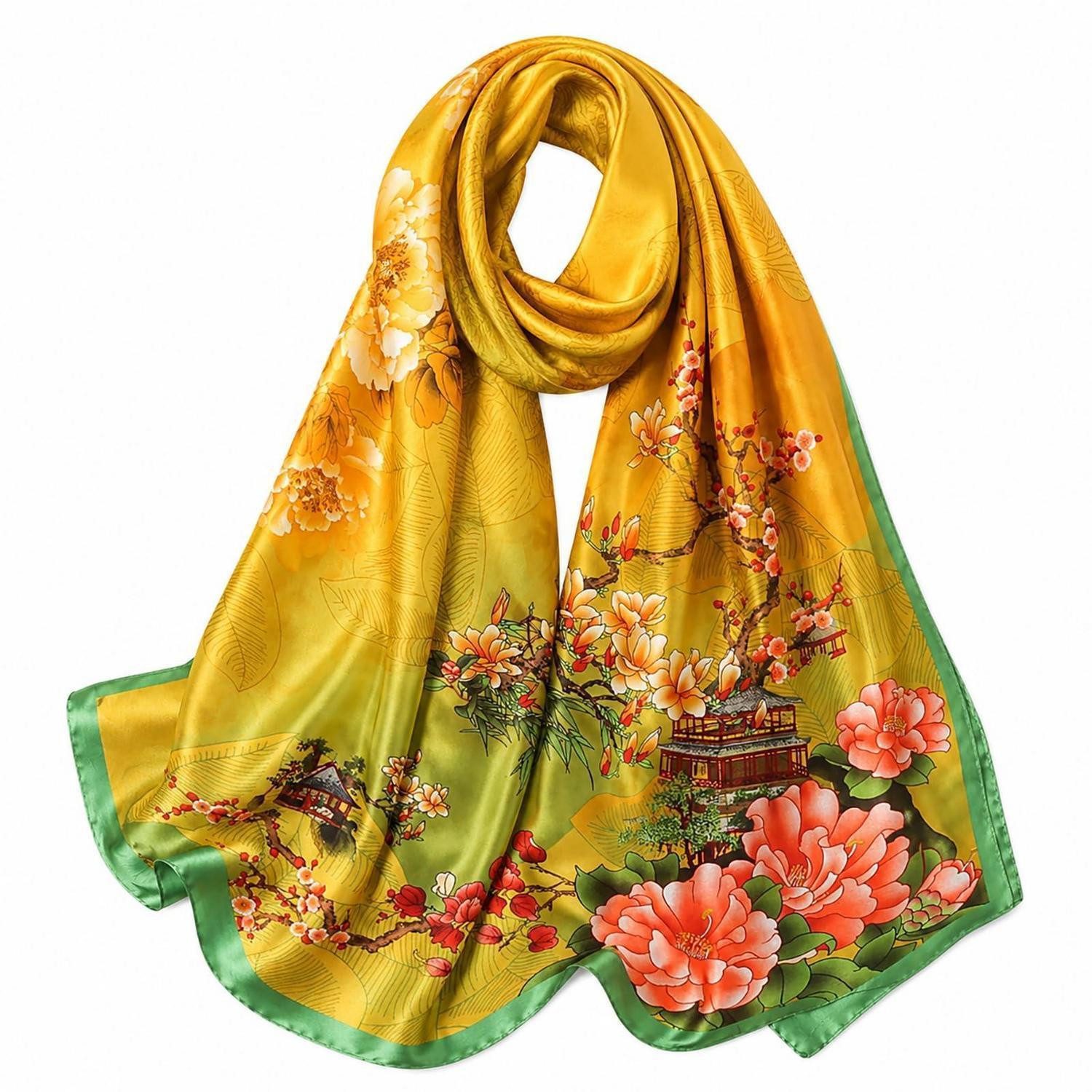LuxusKollektion Seidenschal Seidentuch Damen Blume Blätter 180x90cm, (1-St)