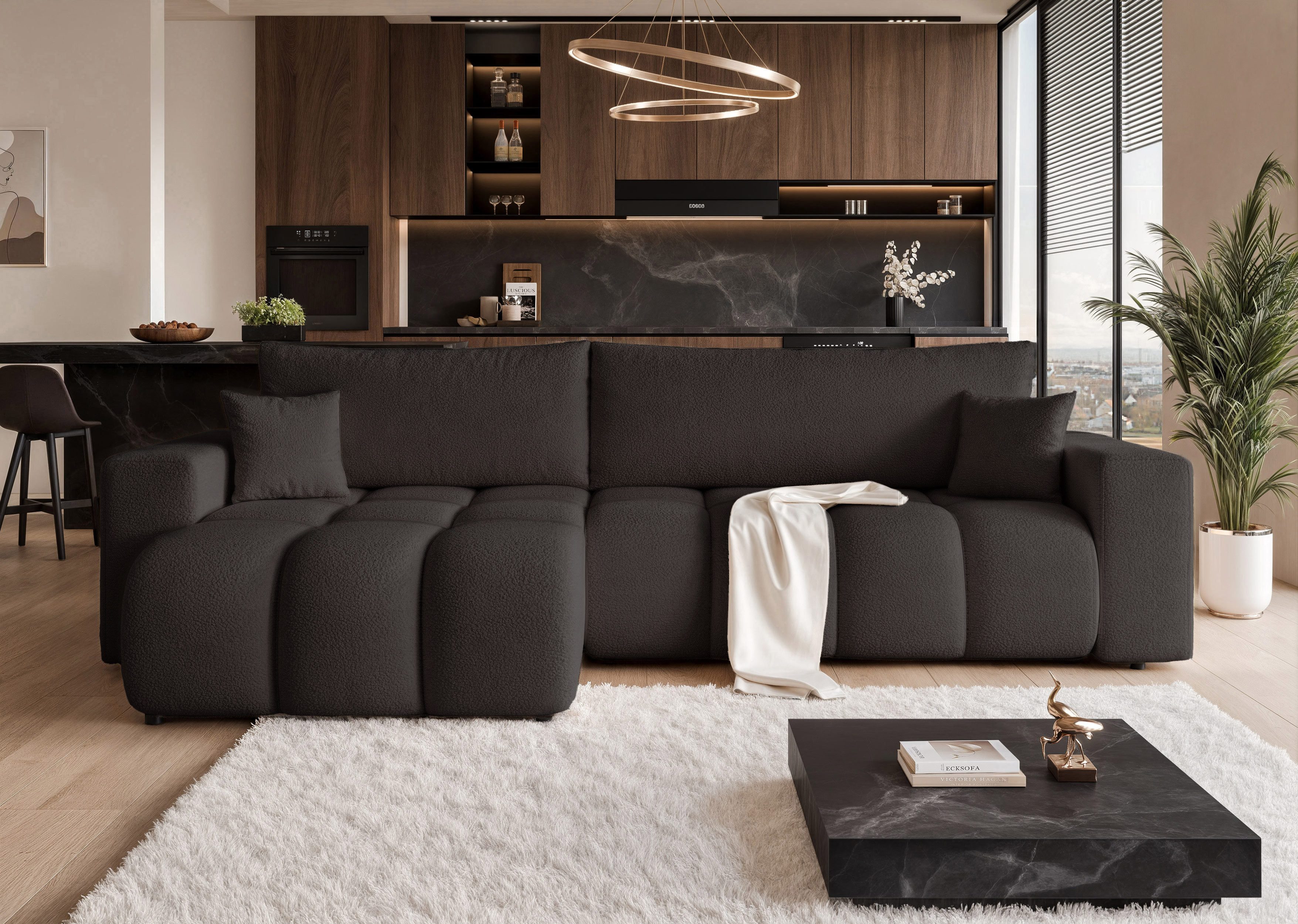 yourhouse24 Ecksofa OFI XL mit tiefer Steppung (278 cm) – Trend-Bouclé, Schlaffunktion, Seite universal