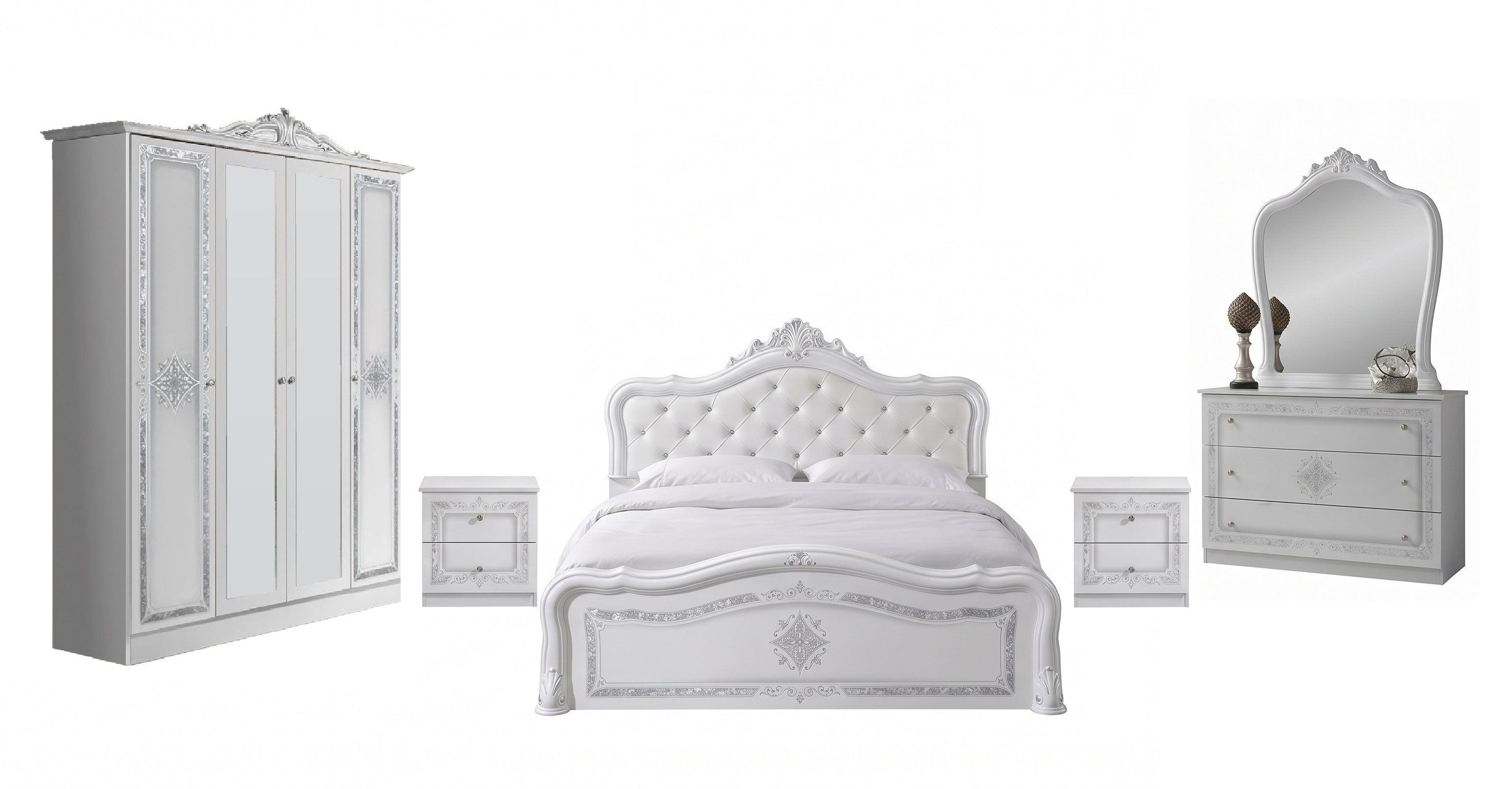 Interdesign24 Schlafzimmer-Set Livia, (im klassischen Barock Stil, 6-Teilig), in Weiß/Silber Hochglanz