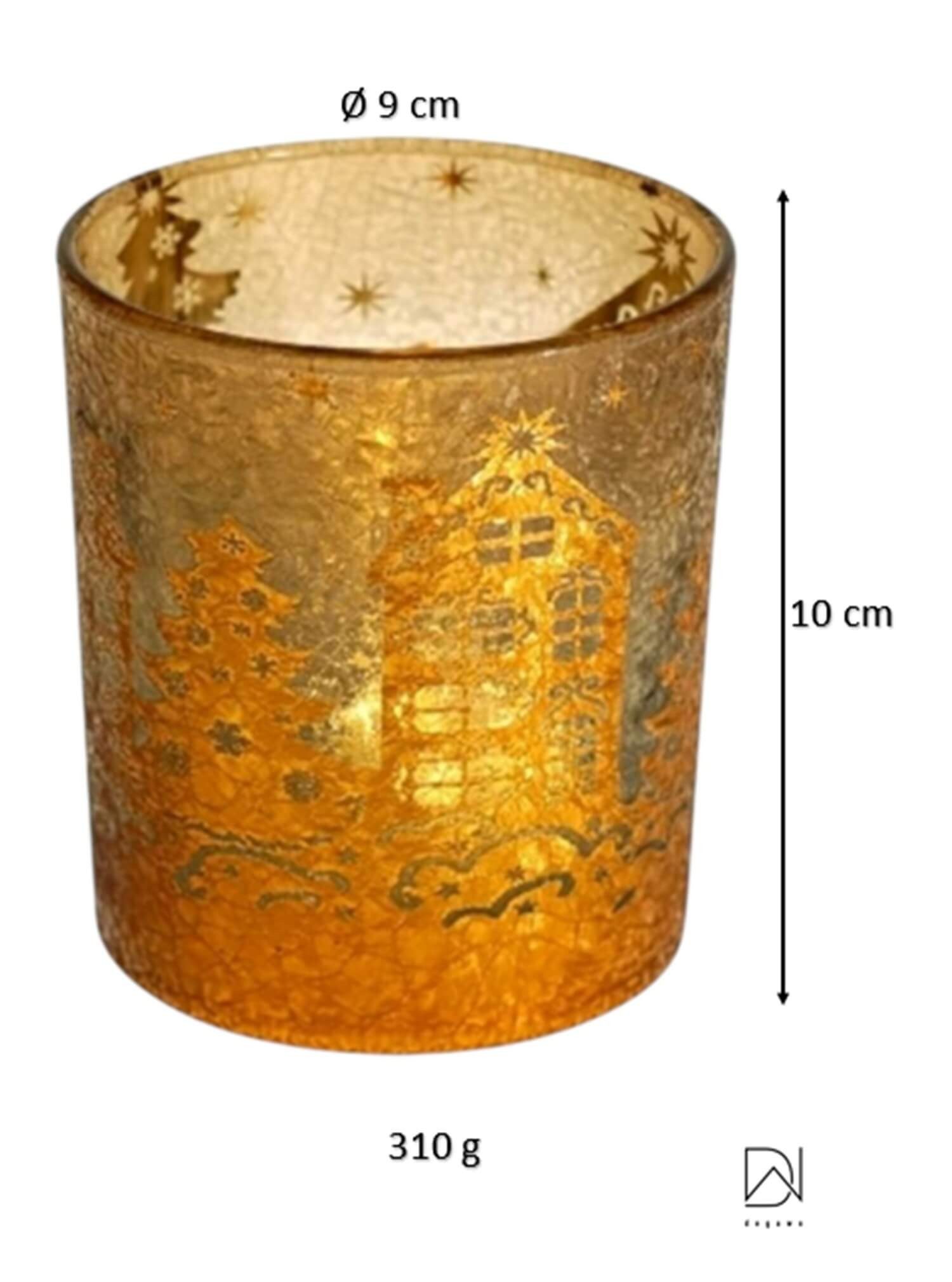 degawo Teelichthalter Windlicht Glas, Gold, festliche Dekoration mit weihnachtlichen Motiven (1 Windlicht)