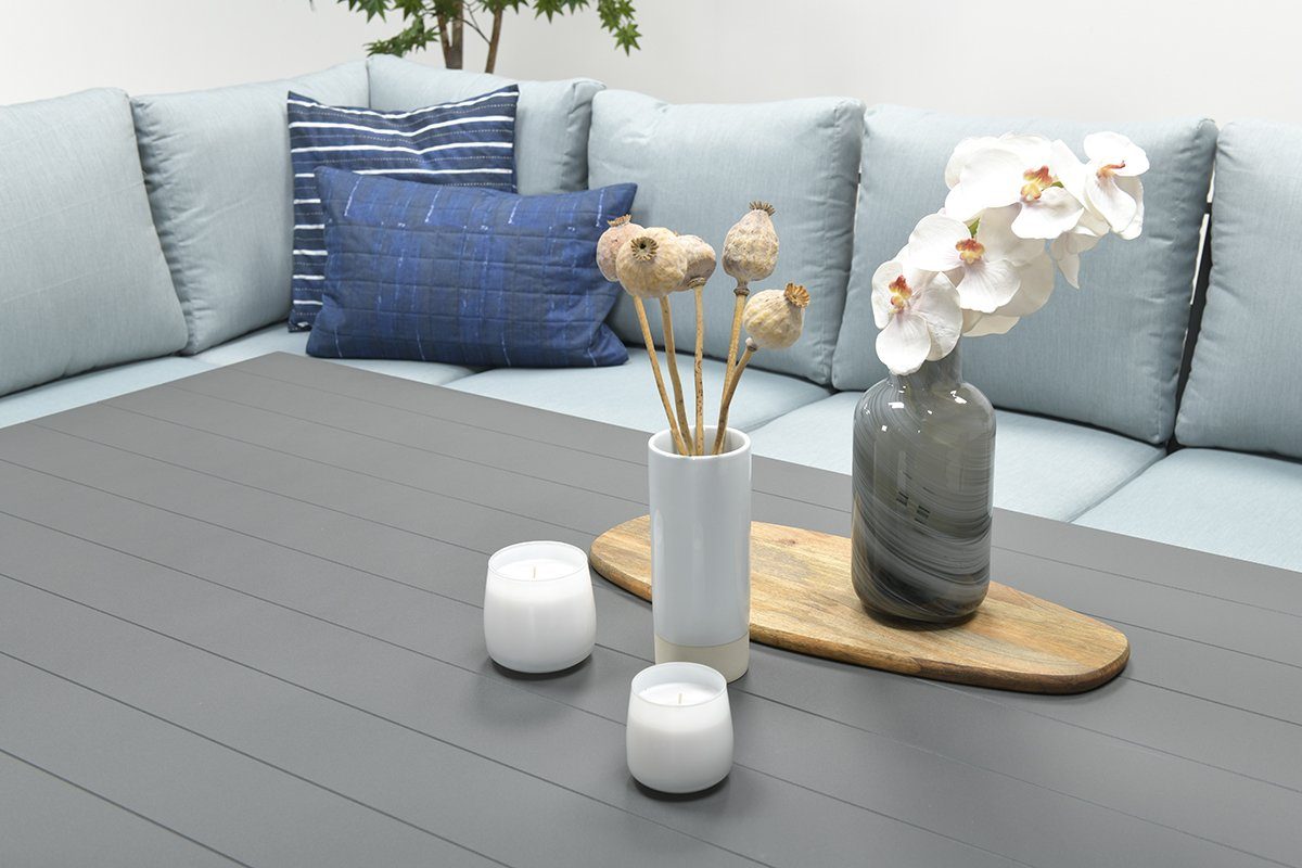 Garden Impressions Gartenlounge-Set Dining Eck Lounge Set Sergio rechts Sitzgruppe hoch, (Spar-Set, 3-tlg., Ecklounge + Tisch + Bank), inkl. Auflagen / 120 kg Tragkraft pro Sitzplatz / wetterfest