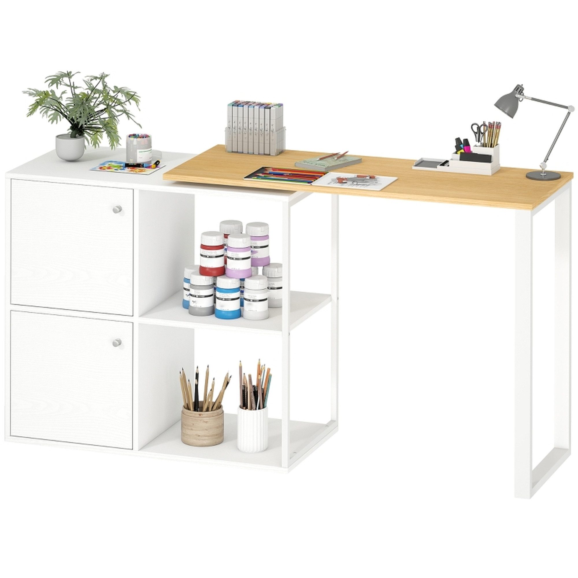 MC Star Schreibtisch L-förmig, 360° drehbarer Eckschreibtisch mit 2 Lagerschränken (2 offenen Regalen, Computertisch für kleine Räume, Arbeitszimmer, Wohnzimmer, 150x40x75 cm, Weiß)