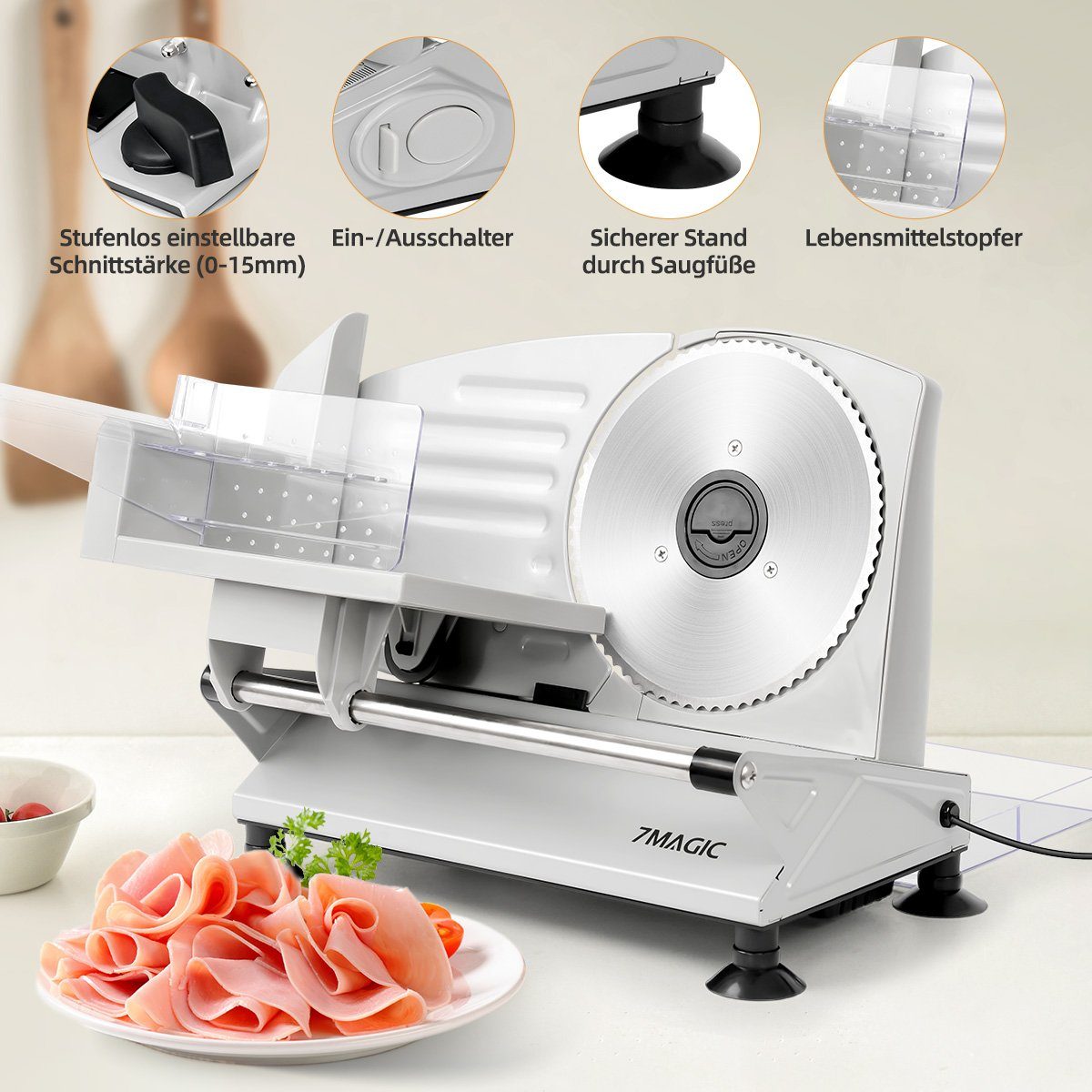 Elektrischer Allesschneider Edelstahl - 2 Klingen 0-15mm Verstellbar