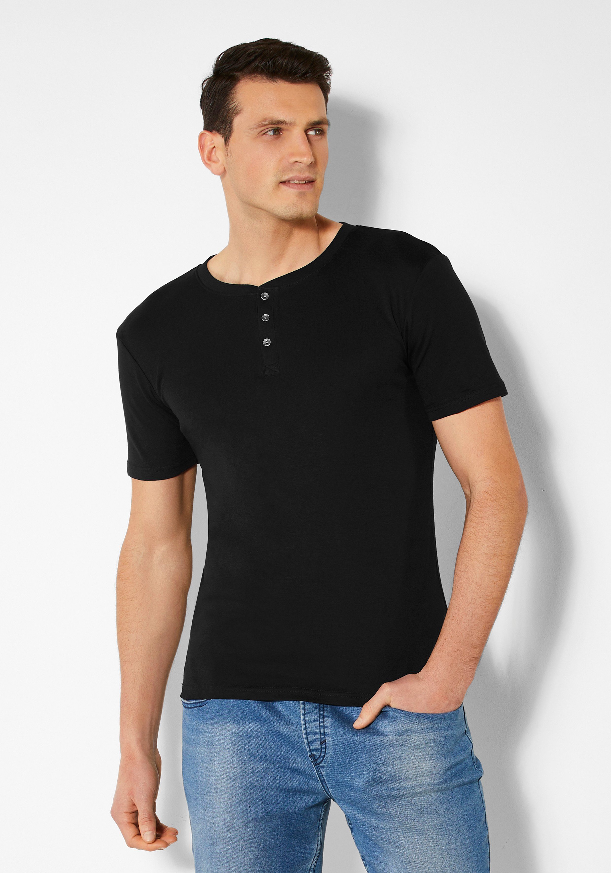 H.I.S T-Shirt (Packung) aufwendiger Knopfleiste Unterziehshirt als schwarz mit perfekt
