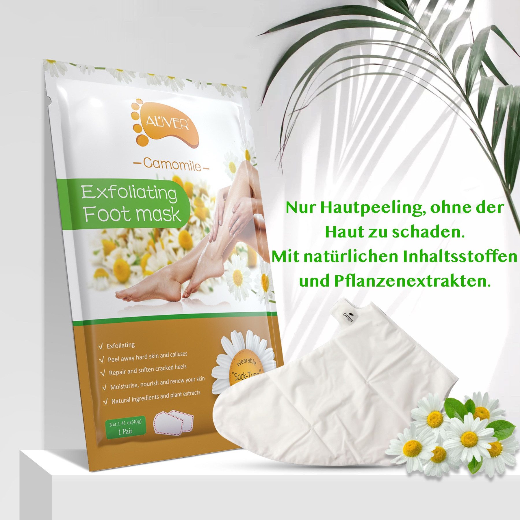 ALIVER Fußmaske Fusspeeling Fußpflege Anti Hornhaut Socken Hornhautentferner Kamille, 1-tlg.