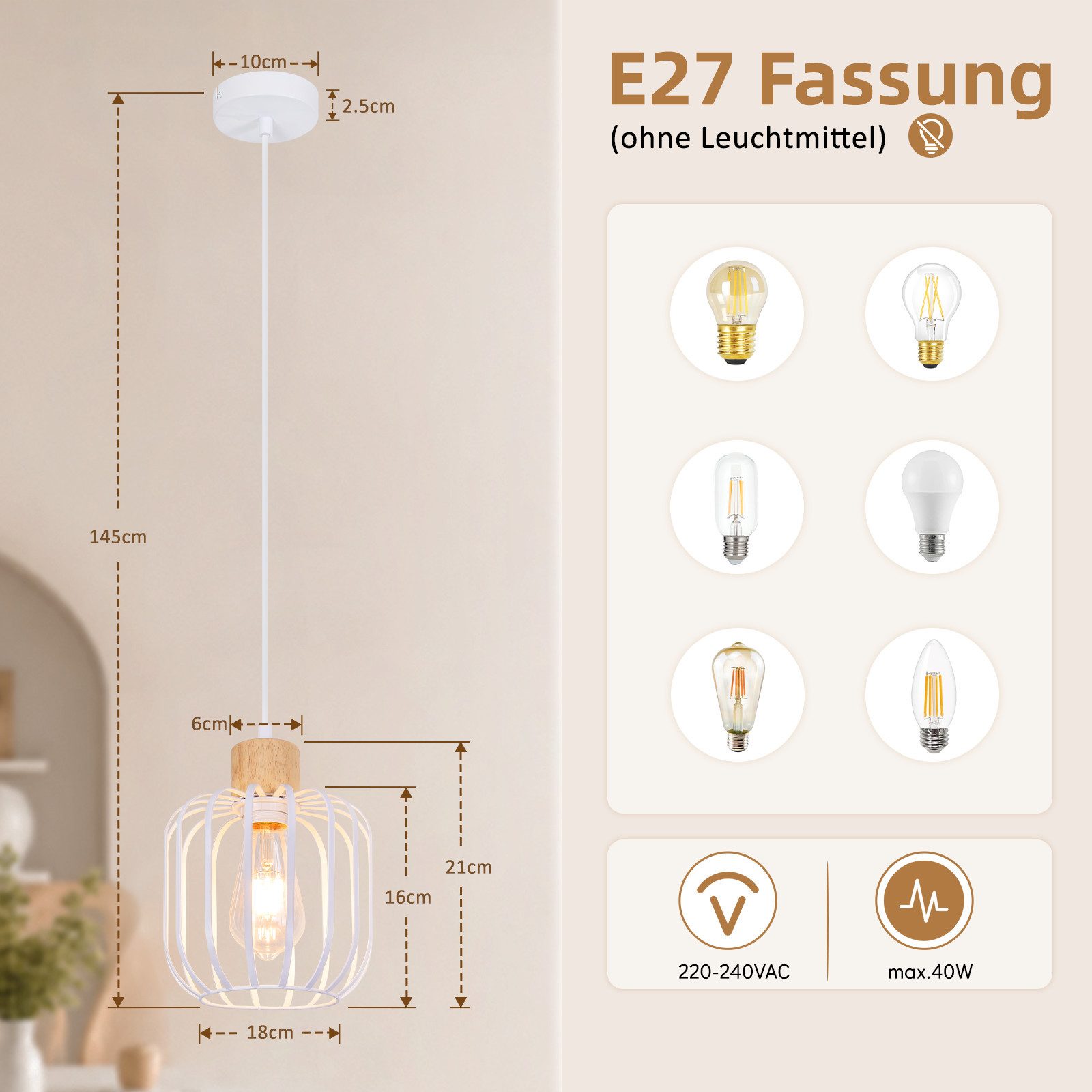 Nettlife Pendelleuchte Weiß/grau 1/3flammig Holz moderne Hängelampe E27 Fassung, ohne Leuchtmittel, für Esstisch Wohnzimmer Küche Flur Kücheninsel