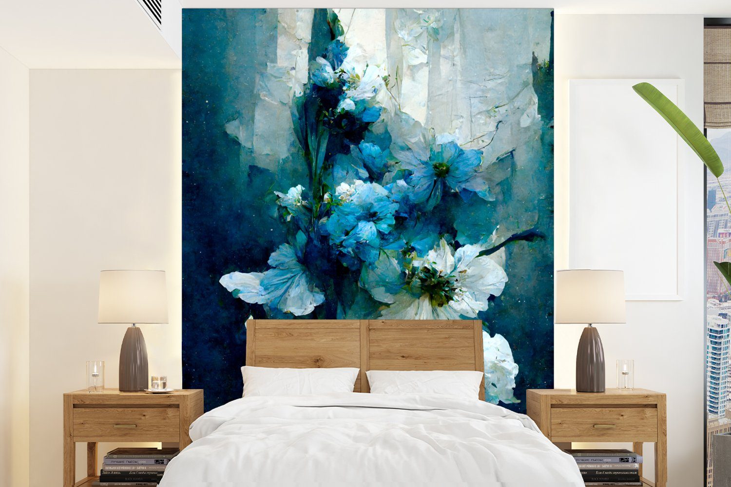 MuchoWow Fototapete Blumen - Blumenstrauß - Farbe - Blau, Matt, bedruckt, (4 St), Montagefertig Vinyl Tapete für Wohnzimmer, Wandtapete