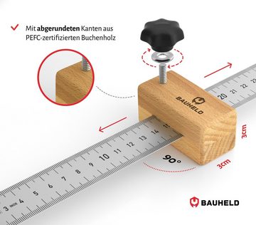 BAUHELD Multitool Streichmaß 300mm, (EG-1), Messwerkzeug mit INCH & CM [Made in Germany] Stahlmaßstab aus rostfreiem INOX Edelstahl - Lineal 30 cm), Holzanschlag aus PEFC-Buchenholz