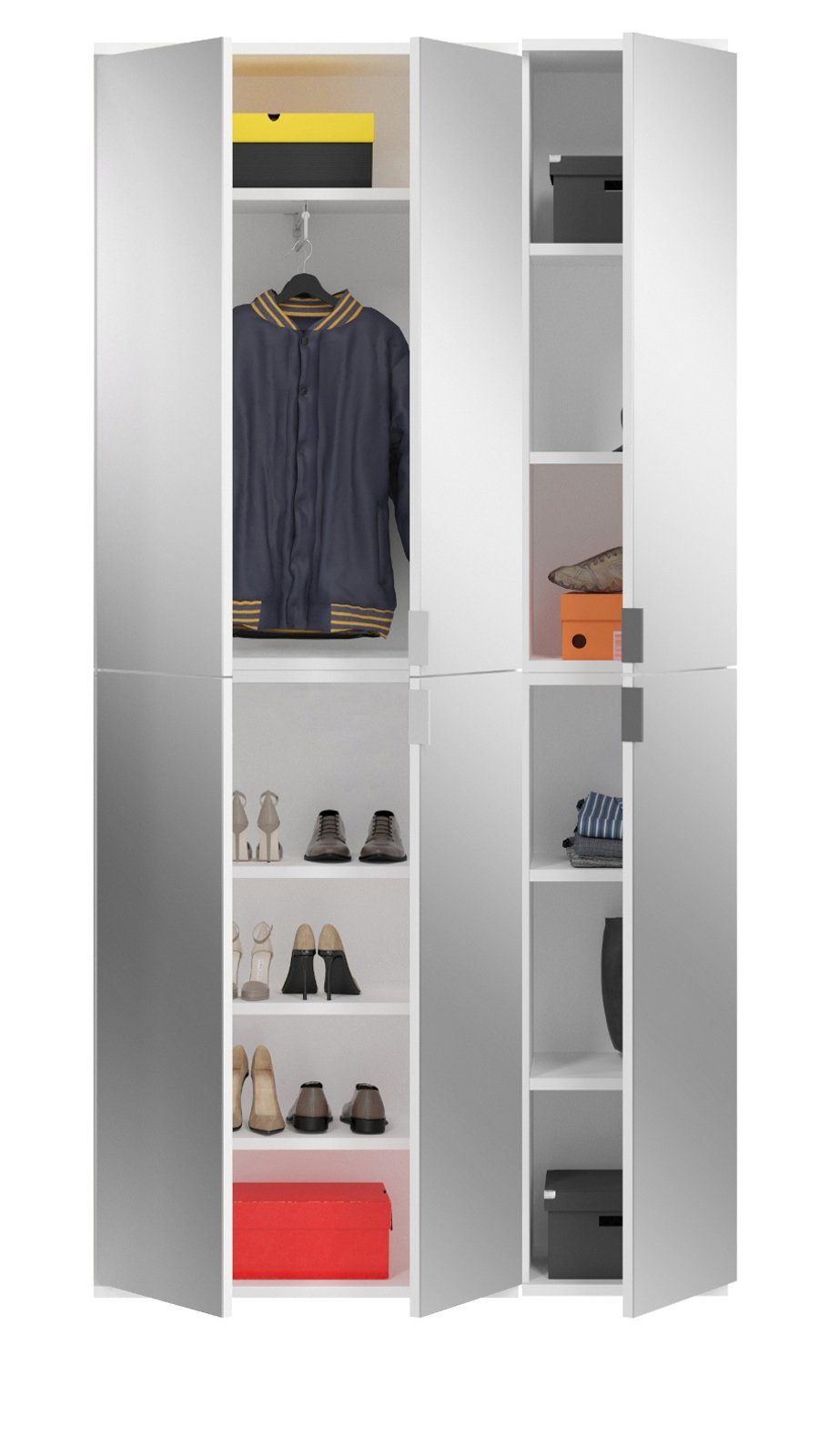 xonox.home Garderobenschrank 193 cm) 91 weiß variable mit Inneneinteilung 6 x (Kompakt-Garderobe ProjektX Spiegeltüren, in