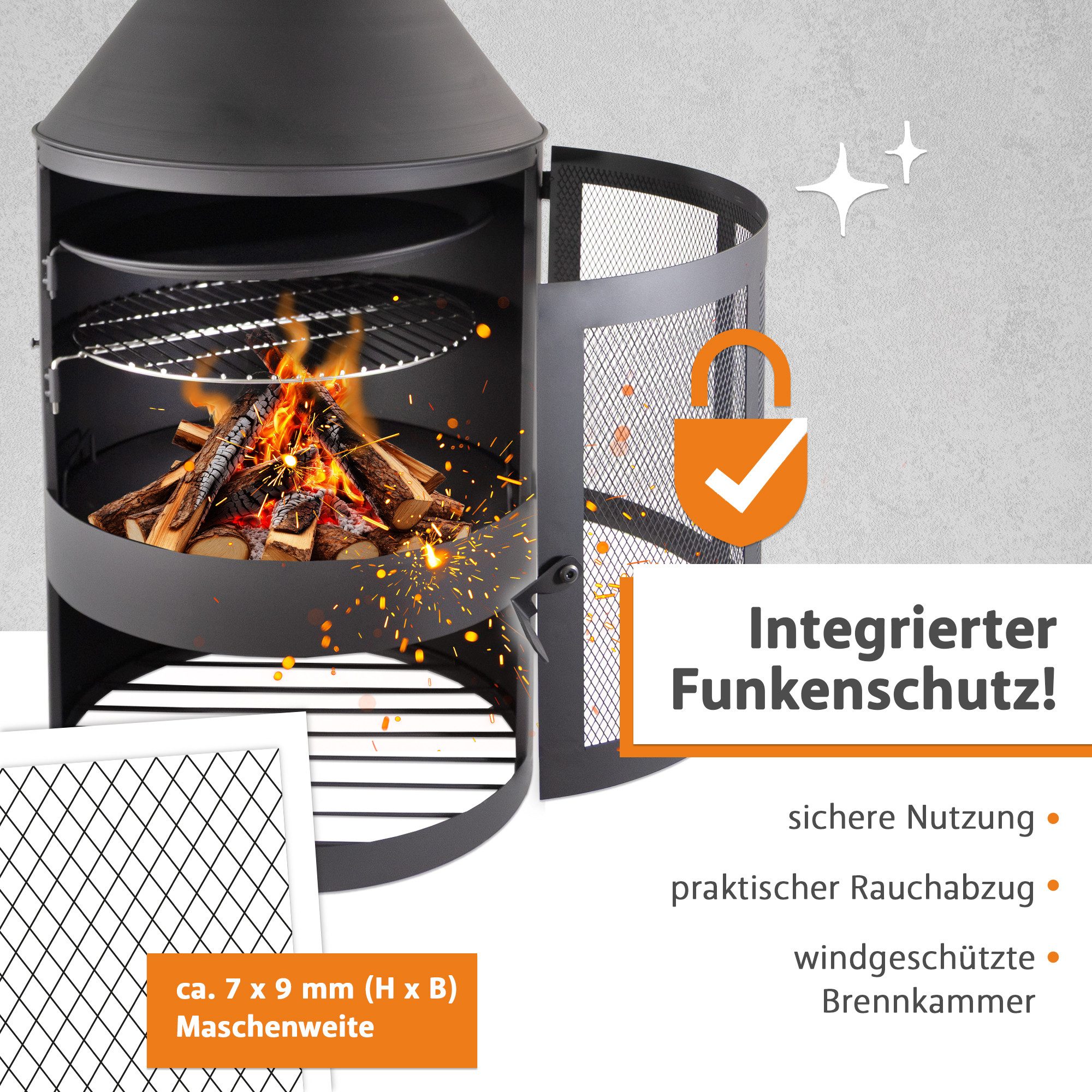 Lemodo Gartenkamin Terrassenofen mit Funkenschutztür, Grillrost und Pfanne, günstig online kaufen