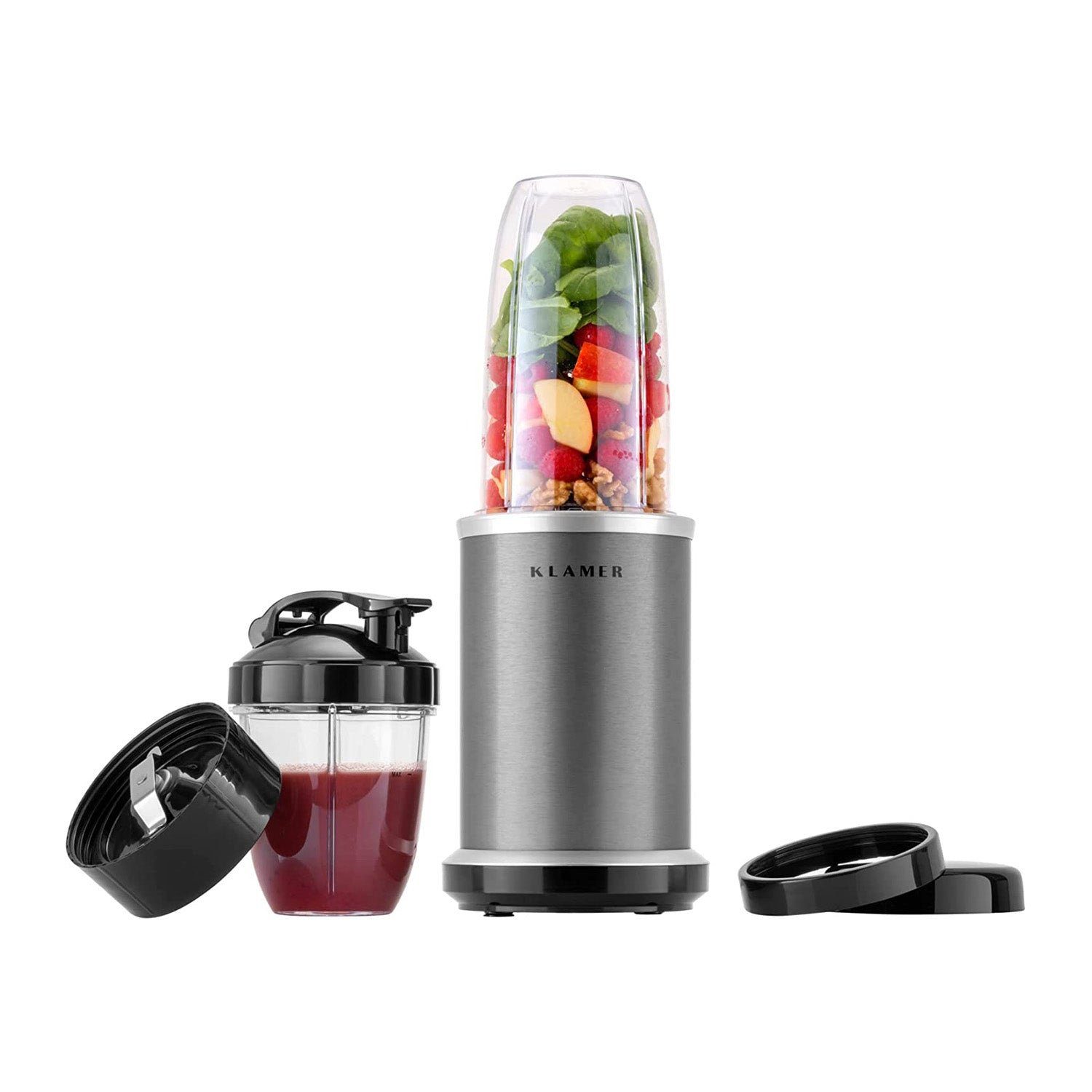 KLAMER Smoothie-Maker Bullet Mixer 1000 Watt, elektrischer Shake Mixer mit 2 Mixbehältern, …, 1000 W, Schnellmixer, knopflos, Auslaufschutz, 2 Klingen, sicherer Stand
