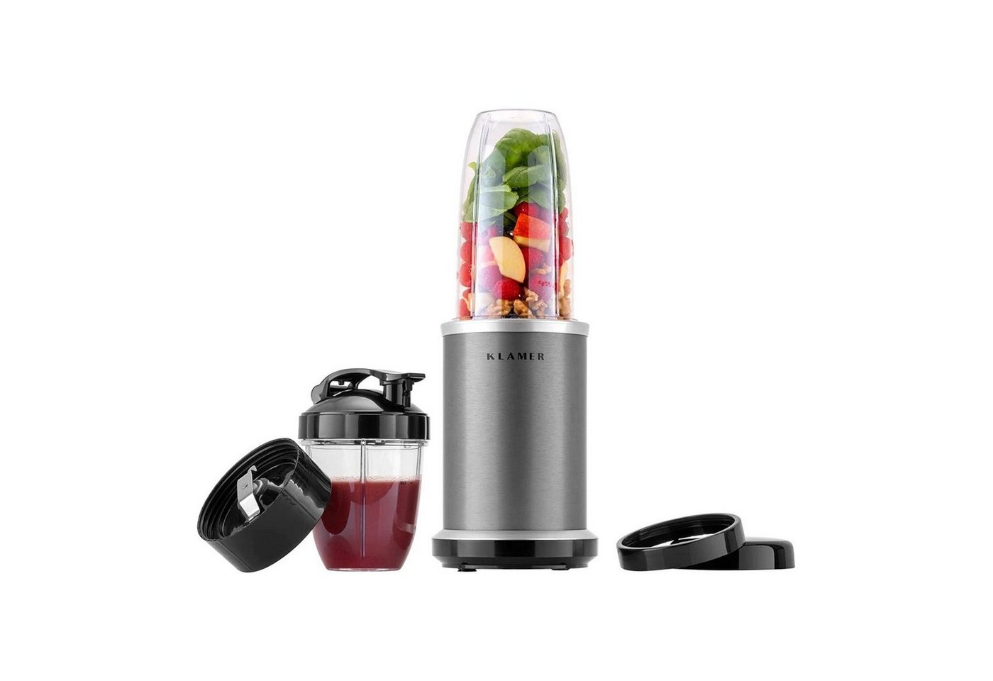 KLAMER Smoothie-Maker Bullet Mixer 1000 Watt, elektrischer Shake Mixer mit 2 Mixbehältern, …, 1000 W, Schnellmixer, knopflos, Auslaufschutz, 2 Klingen, sicherer Stand
