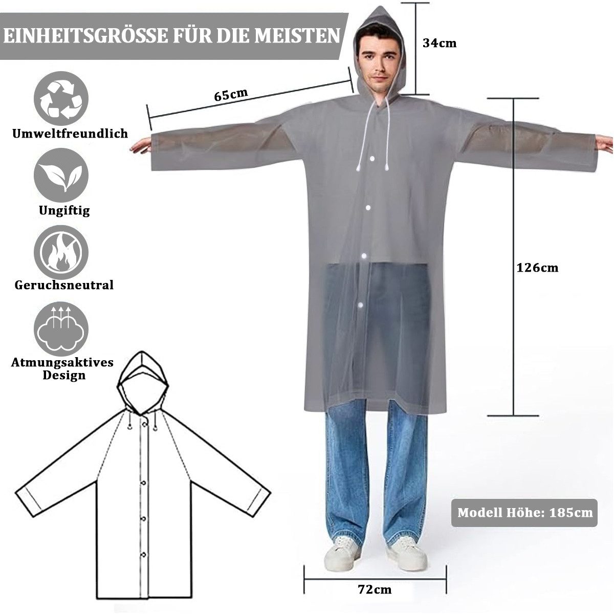 MOPUEA Regenmantel Regenmantel 2 Stück Durchsichtiger Regenponcho für Erwachsene (Set, 2-tlg., leicht, tragbar und wiederverwendbar) Vielseitiges Design mit Kapuze und elastischen Bündchen, windfest.