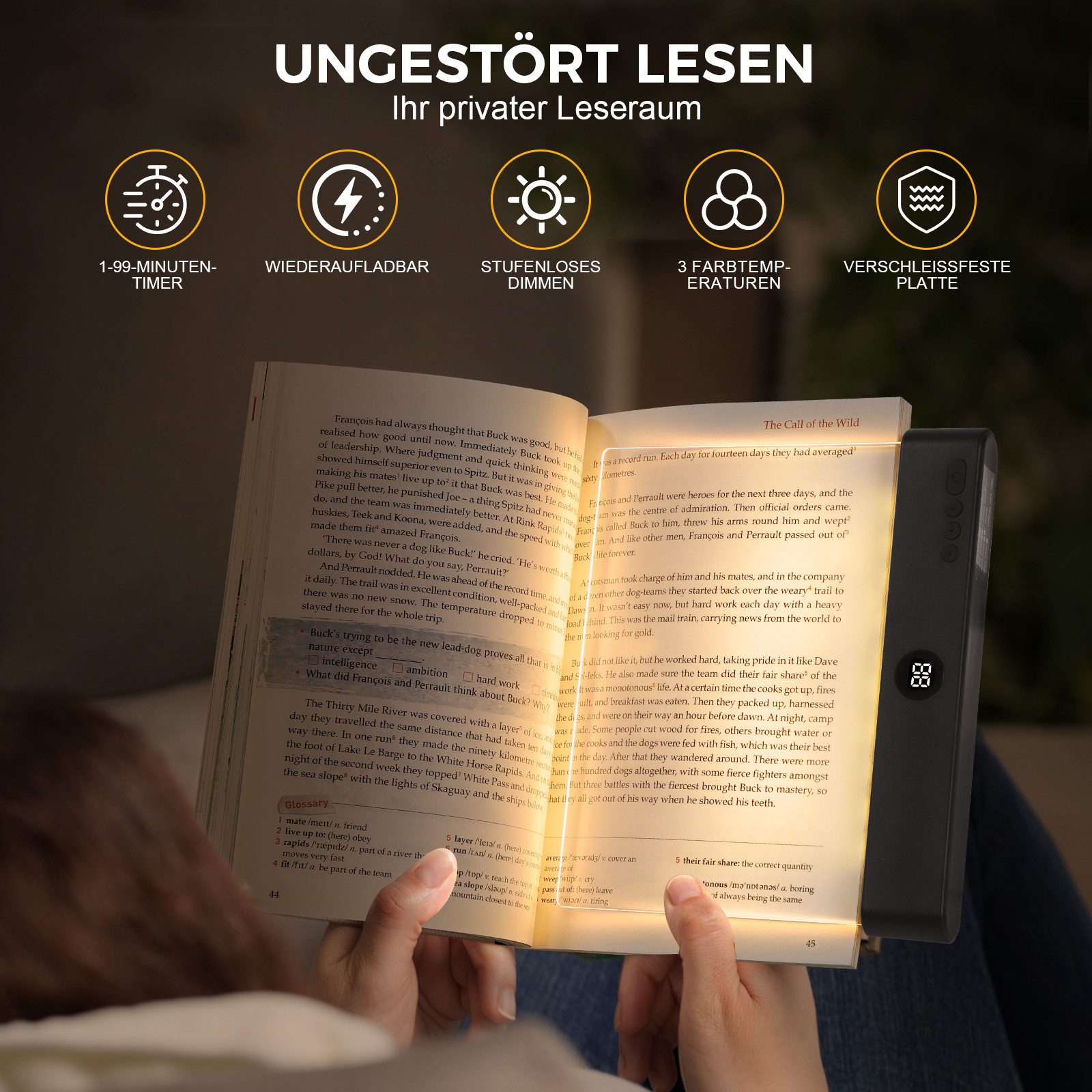 VIVIHEYDAY Leselicht Leselampe, Wiederaufladbare Flaches Buchlicht zum Lesen im Bett (bei Nacht, LED Buchlampe, Panel Book Light, 1-St., Augenschutz leselicht buch Buchseite Licht, mit 3 Farben & Timer), Geschenk für Buchliebhaber