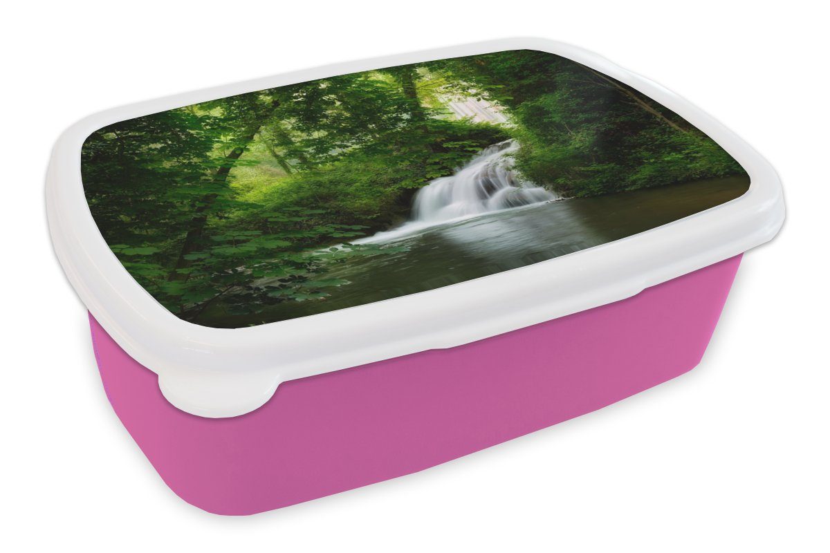 MuchoWow Lunchbox Wasserfall - Natur - Grün, Kunststoff, (2-tlg), Brotbox für Erwachsene, Brotdose Kinder, Snackbox, Mädchen, Kunststoff rosa