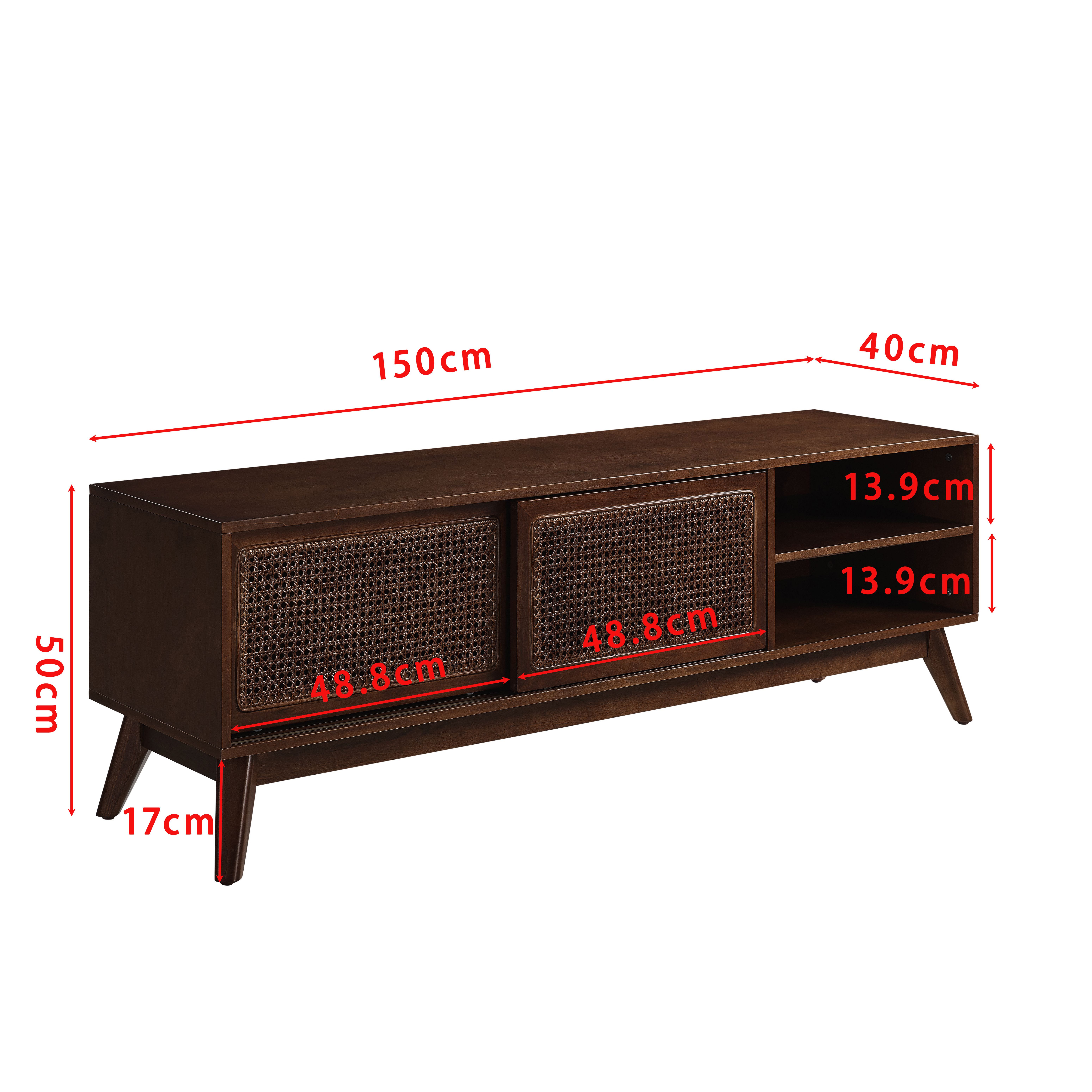 Celya TV-Schrank Mid-Century-Modern-Stil, mit Offene Regale Für TVs bis 65 Zoll (Füße aus Massivholz und Schranktüren aus Rattan) Entertainment-Schrank, Medienkonsole für Wohnzimmer und Medienraum