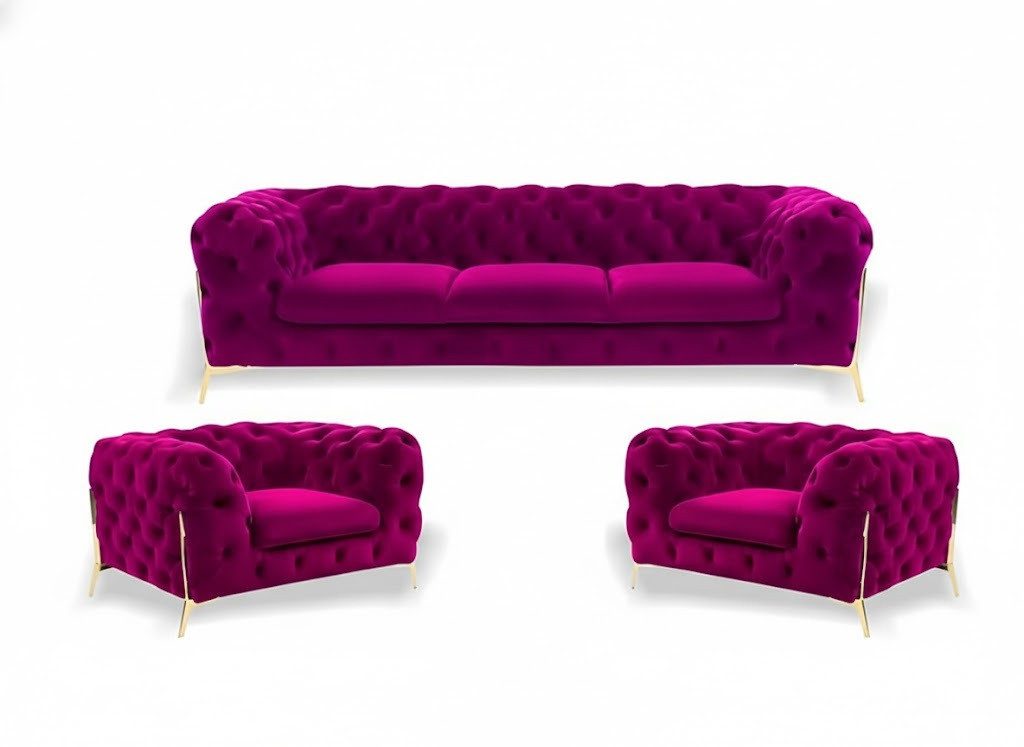JVmoebel Chesterfield-Sofa Chesterfield Garnitur 3+1+1 Sitzer Samt Designer Couchen Sofort, 3 Teile, Made in Europa