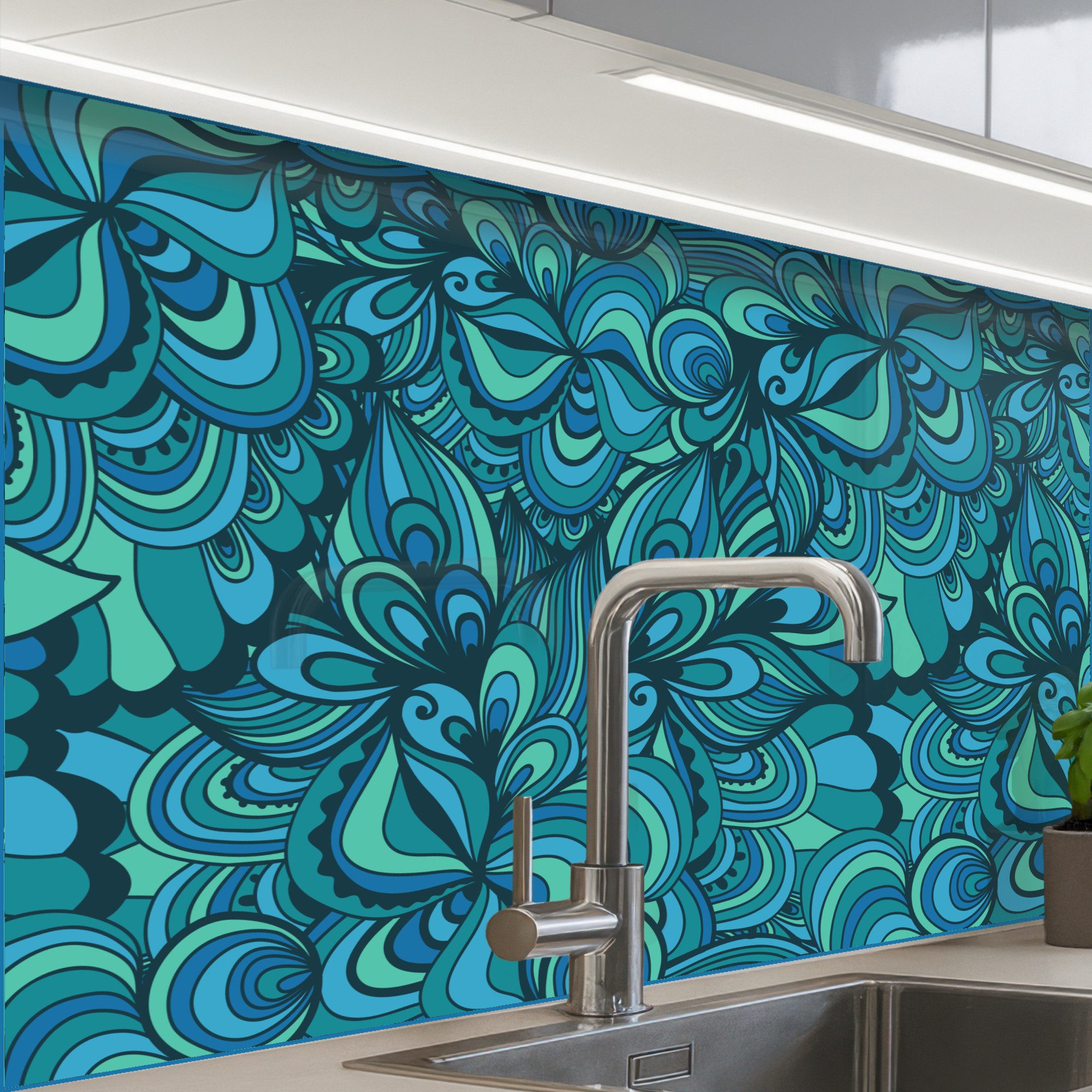 KitchenYeah Küchenrückwand Muster selbstklebend (keine Folie) Design - Vintage - Blau - Türkis, (1-tlg), Spritzschutz, Küche, Rückwand, Küchenwand, Küchenfront, 30x20 cm