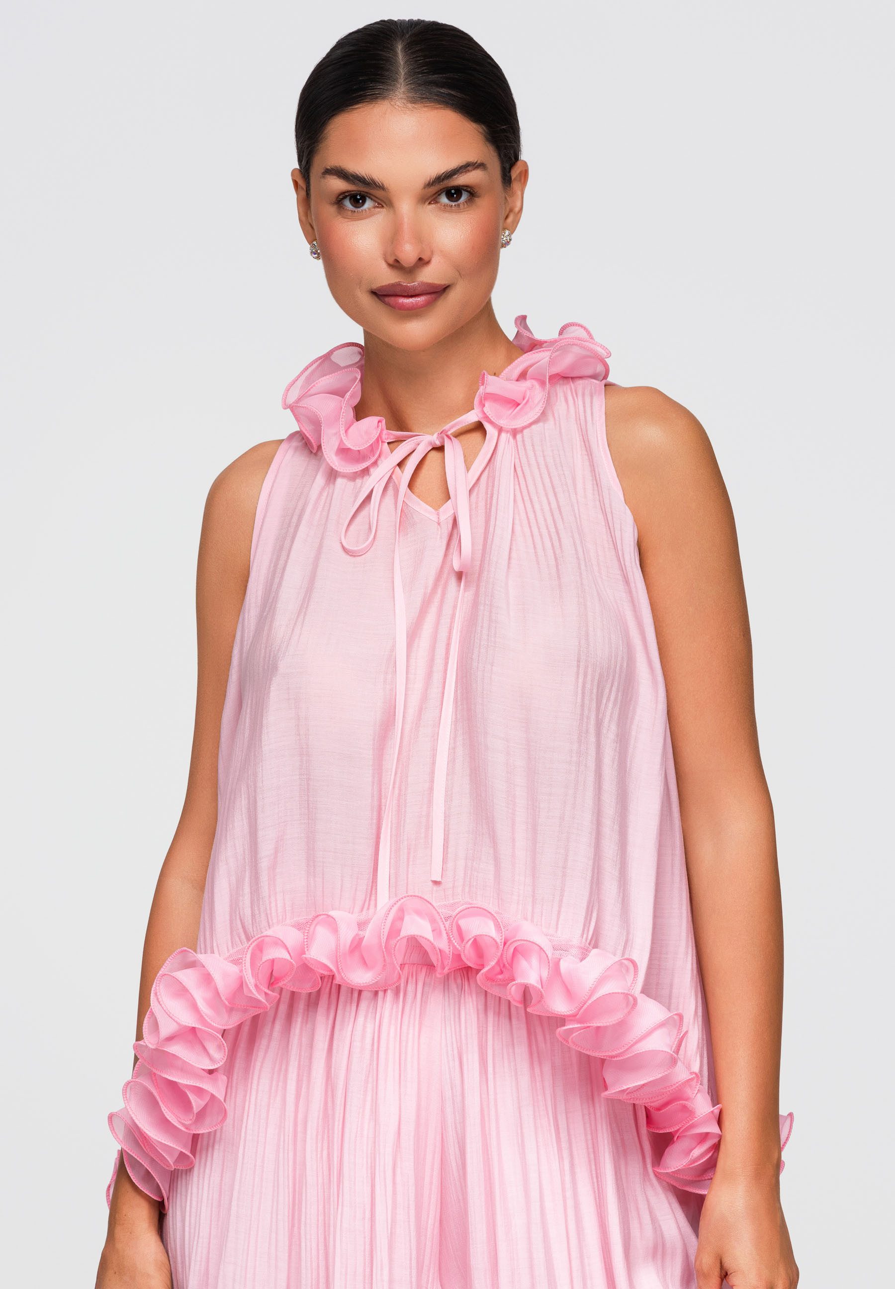 OMBRE Blusentop Damen Blusentop mit asymmetrischem Schnitt und Rüschen Pink M/L (kein Set, 1-tlg) fließender Stoff – Bild 5 von 5