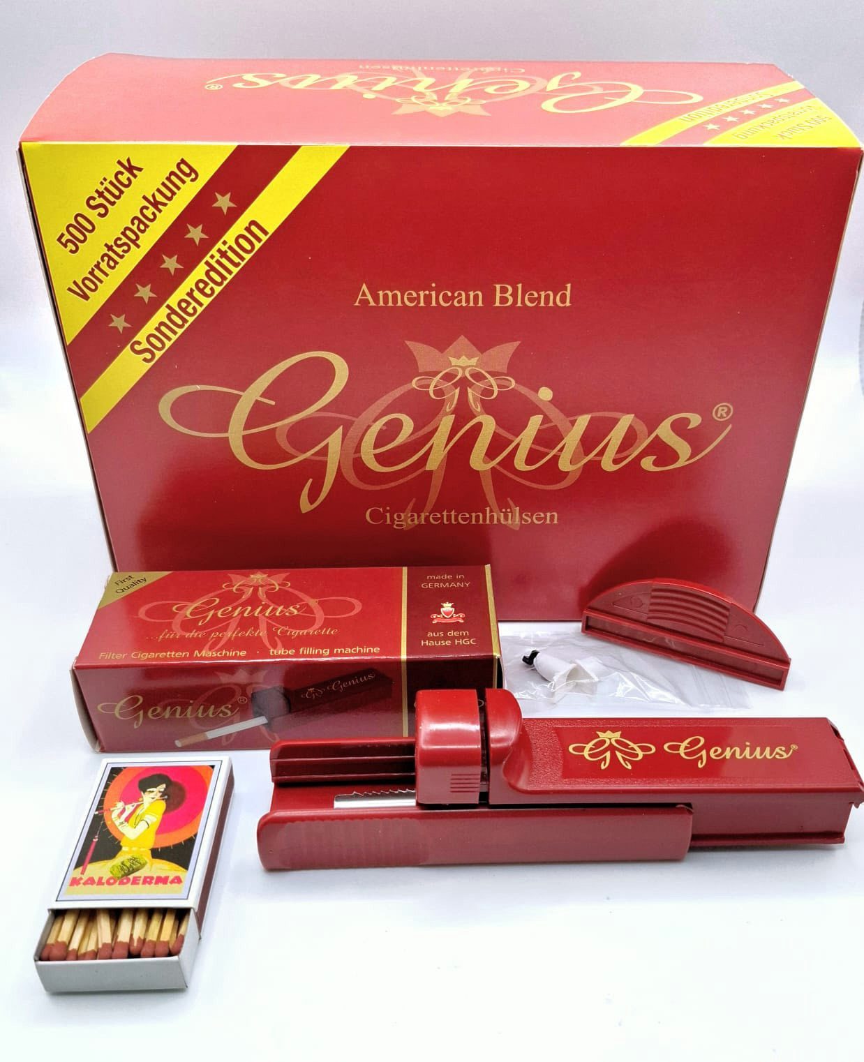 meytrade Minidrehmaschine Zigarettenmaschine Stopfer inkl. 500 Zigarettenhülsen und Zündhölzer, Genius Set zum selber stopfen