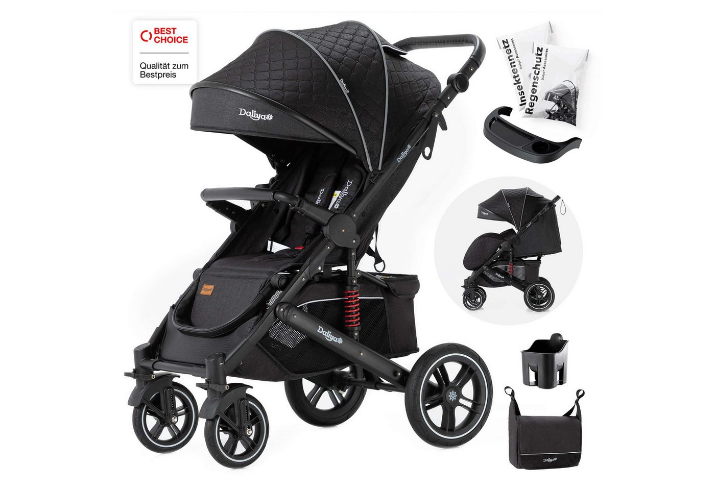 Daliya® Kinder-Buggy RAPIDY Buggy Kinderwagen, XXL Set, kompakt, Kinderbuggy, Sportwagen, (XXL 10-tlg. Komplettset, 10-tlg), Liegeposition, Fußsack, Spieltisch, Wickeltasche, Regenverdeck