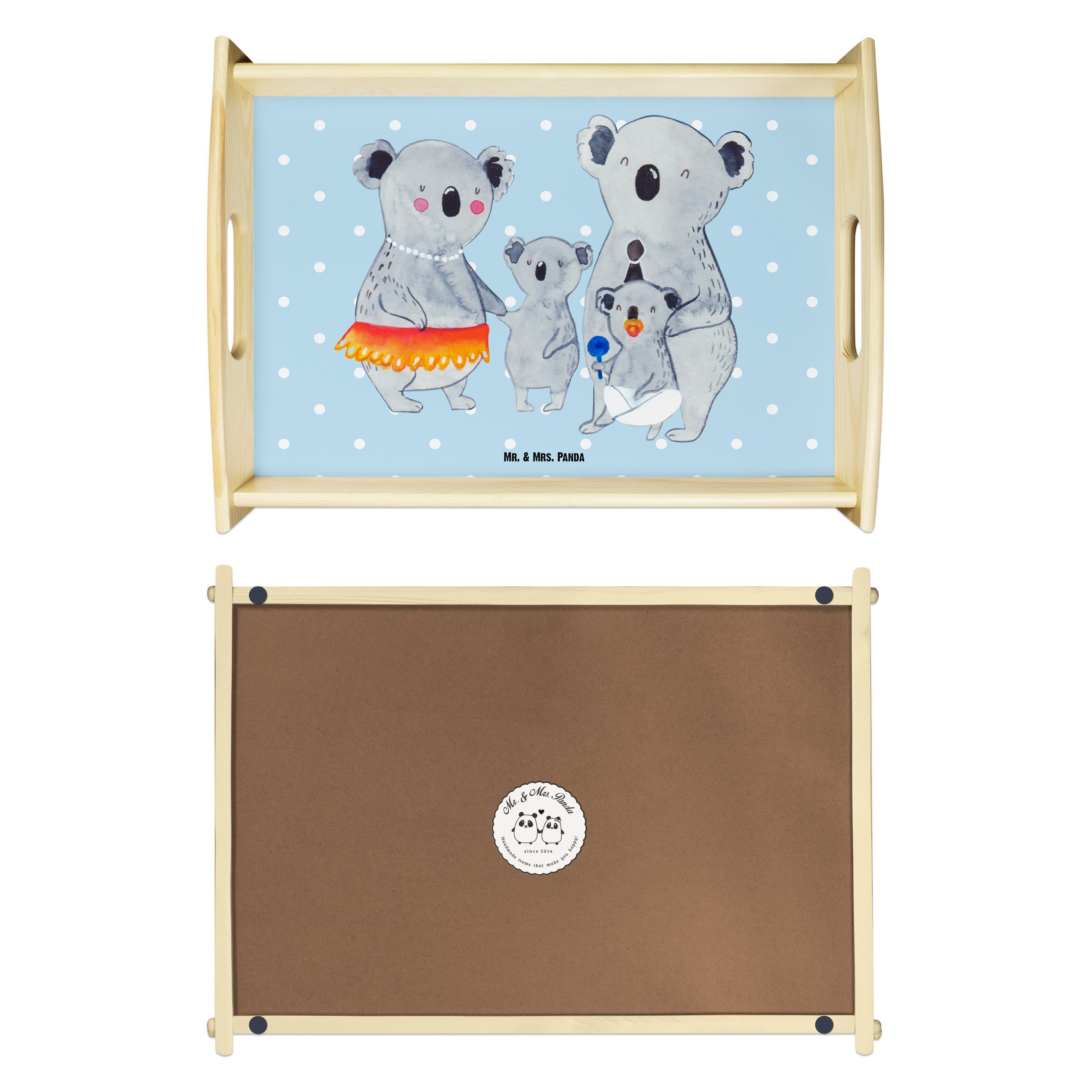 Koala Blau Mrs. Oma, Mr. Mama, & lasiert, (1-tlg) Panda Holzta, - Familie - Geschenk, Echtholz Muttertag, Tablett Pastell