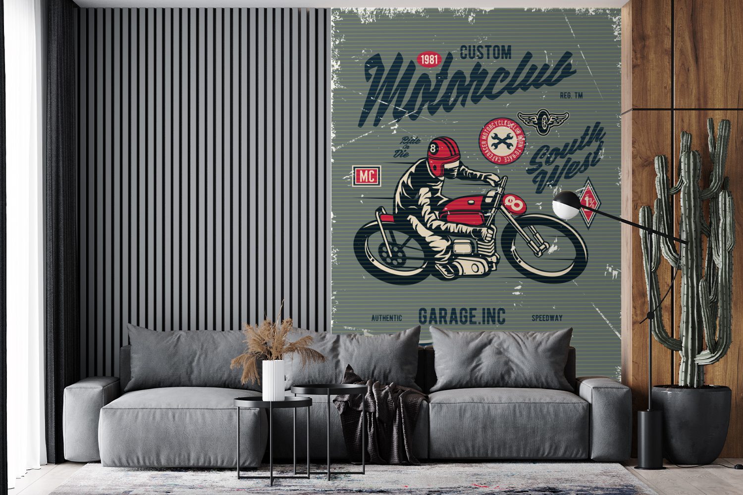 (3 Wohnzimmer, - für Matt, MuchoWow Montagefertig - bedruckt, Fototapete Zeichnung, Tapete Vinyl St), Wandtapete Sport - Retro Motorrad