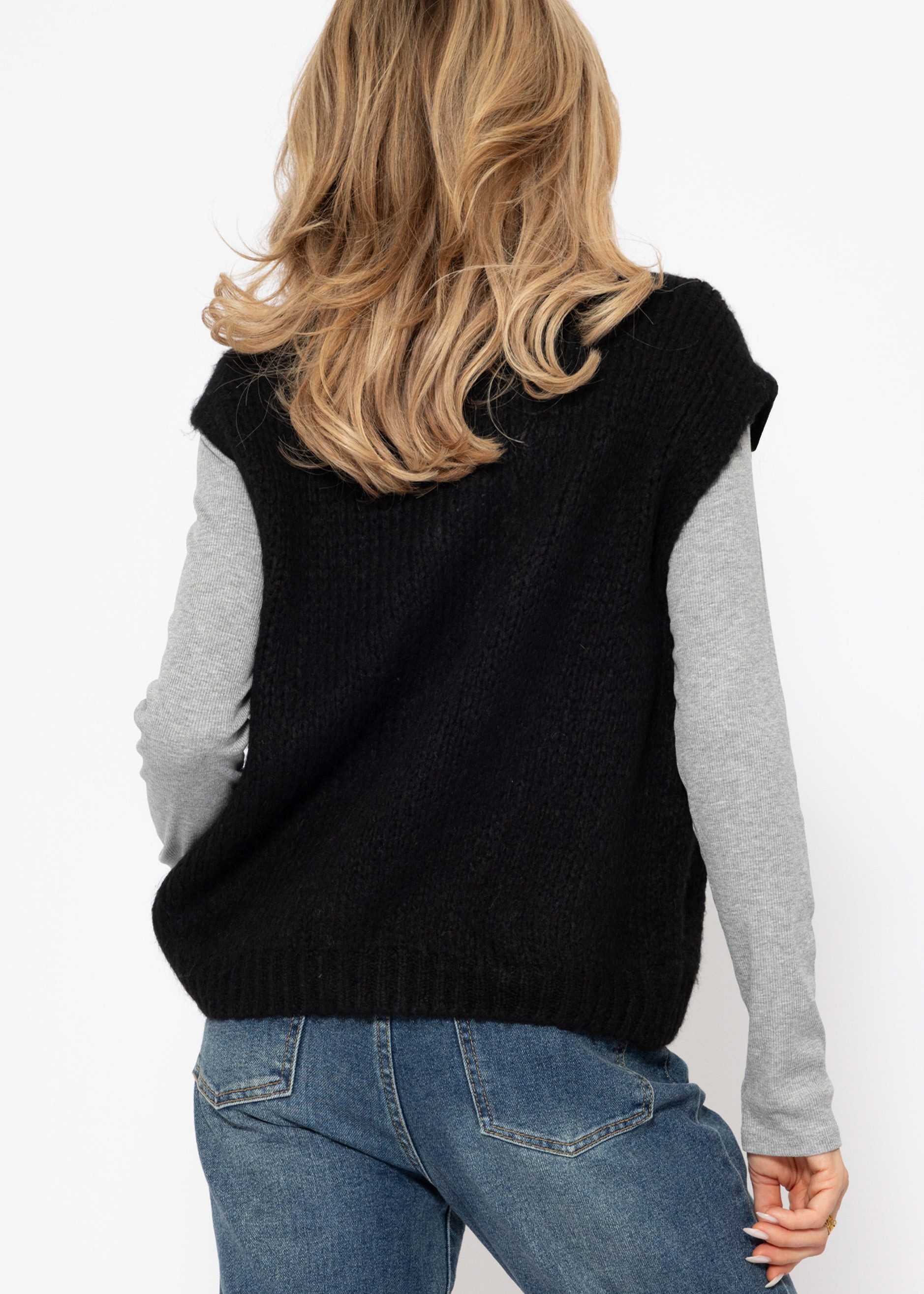 SASSYCLASSY Strickweste Ärmellose Strickweste Damen mit Schleifen Flauschige Strick-Weste mit Bindebändern Schwarz Offwhite Beige