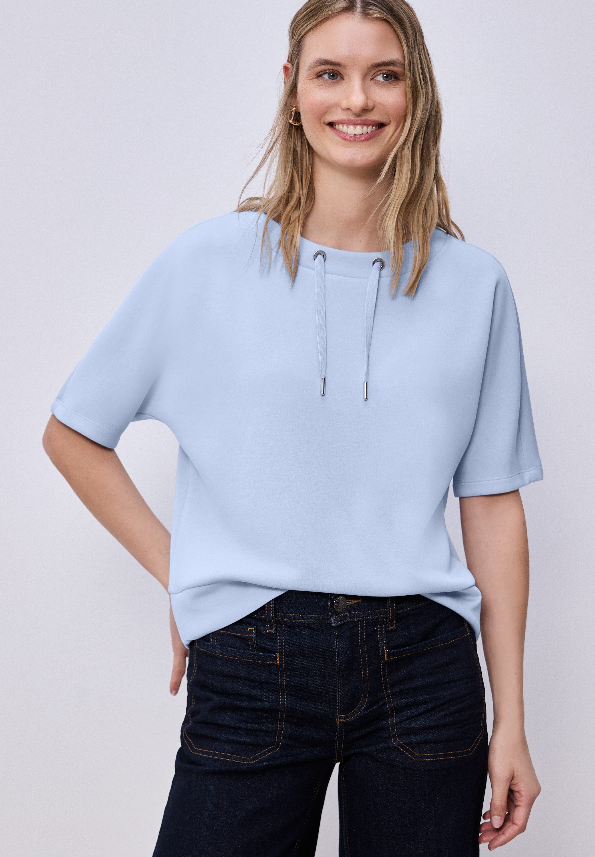STREET ONE Sweatshirt Halbarm Silk-Look Shirt mit Kordelzug