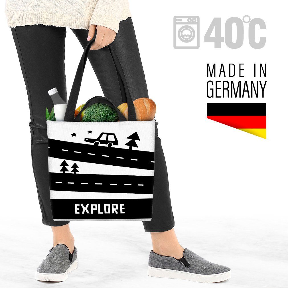 Tier Karte Cartoon Auto VOID Weiss Schwarz Zeich Henkeltasche (1-tlg), Cartoon Grafik Landschaft