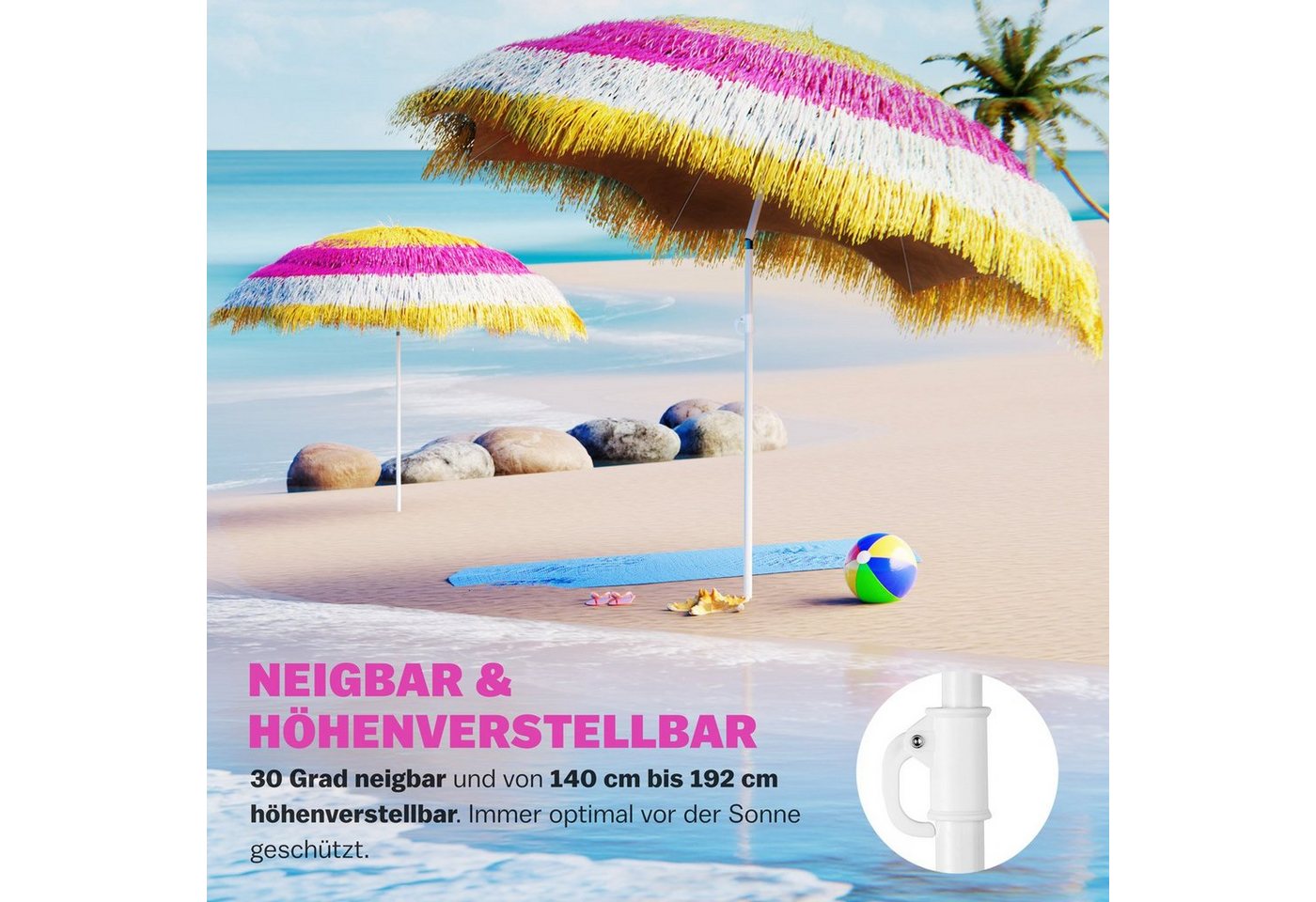 Thumbnail - Kingsleeve Sonnenschirm, Hawaii Bunt 160 cm Neigbar Höhenverstellbar Wasserabweisend Erdspieß
