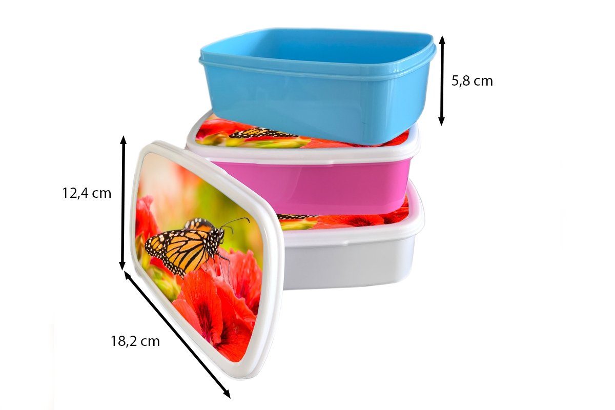 MuchoWow Lunchbox Blumen - Schmetterlinge und (2-tlg), Kunststoff, für Monarch, für Brotbox Brotdose, und Jungs Erwachsene, Mädchen - weiß Kinder