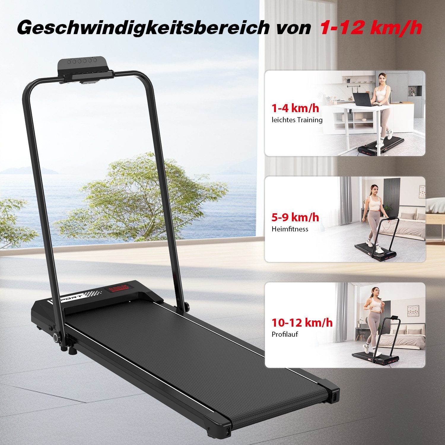 CITYSPORTS Laufband 1400W klappbares Laufband, 1–12 km/h, 2 HP, mit Fernbedienung, Komplett montiert, 6 % Steigung, mit Werkzeugsatz