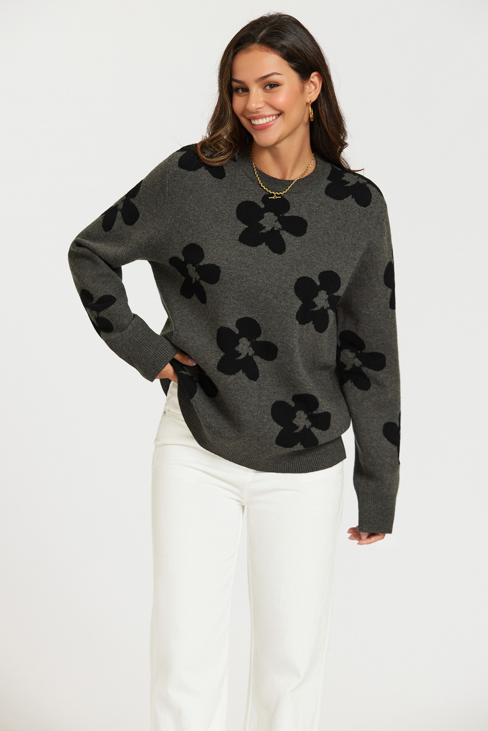 FS Collection Strickpullover Damen Blumenmuster Strickpullover Strickwaren günstig online kaufen