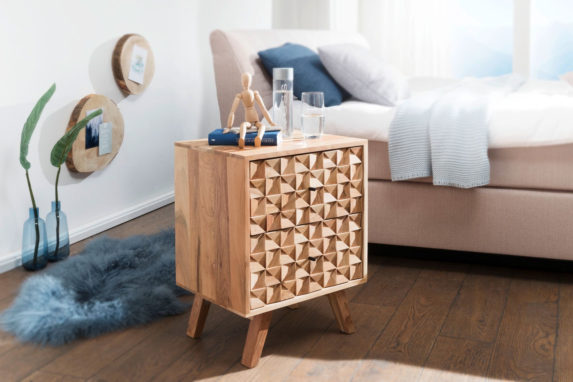 Wohnling Nachtkonsole WL5.601 REWA Nachttisch Boxspringbett Nachtkästchen Holz Massiv (44x61x35 cm Akazie Massivholz Nachtschrank Hoch), Nachttisch mit Schub, Nachtkästchen Boxspringbett
