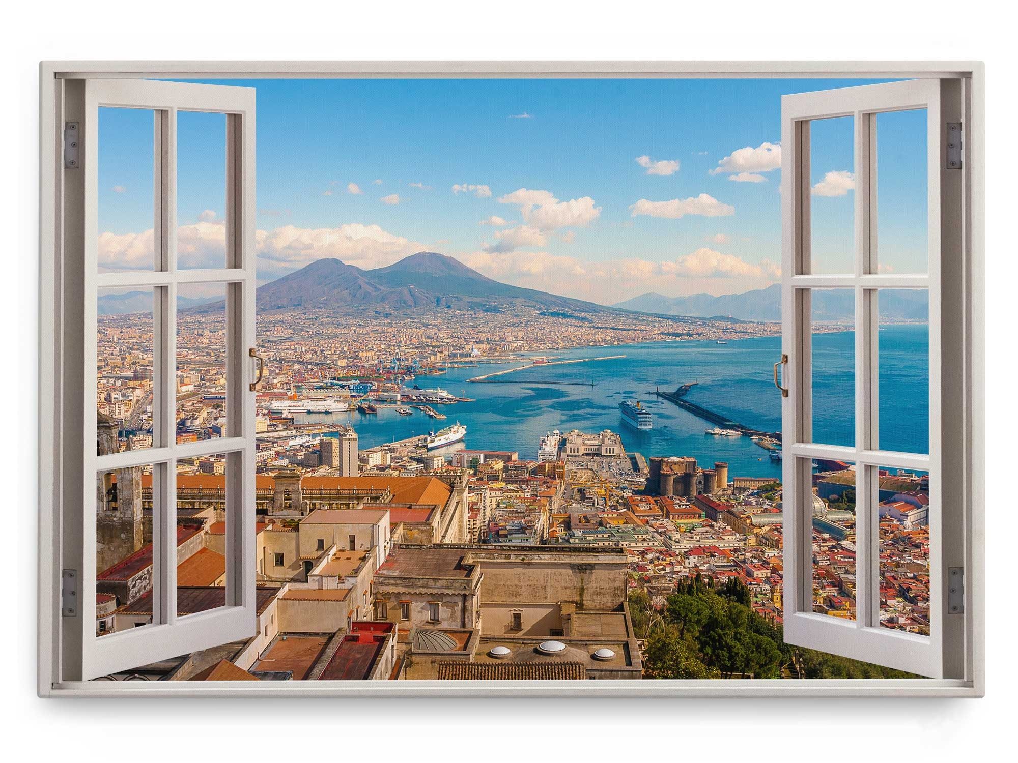 Sinus Art Leinwandbild Wandbild 120x80cm Fensterbild Italien Neapel Küste Küstenstadt Mittelm, (1 St)