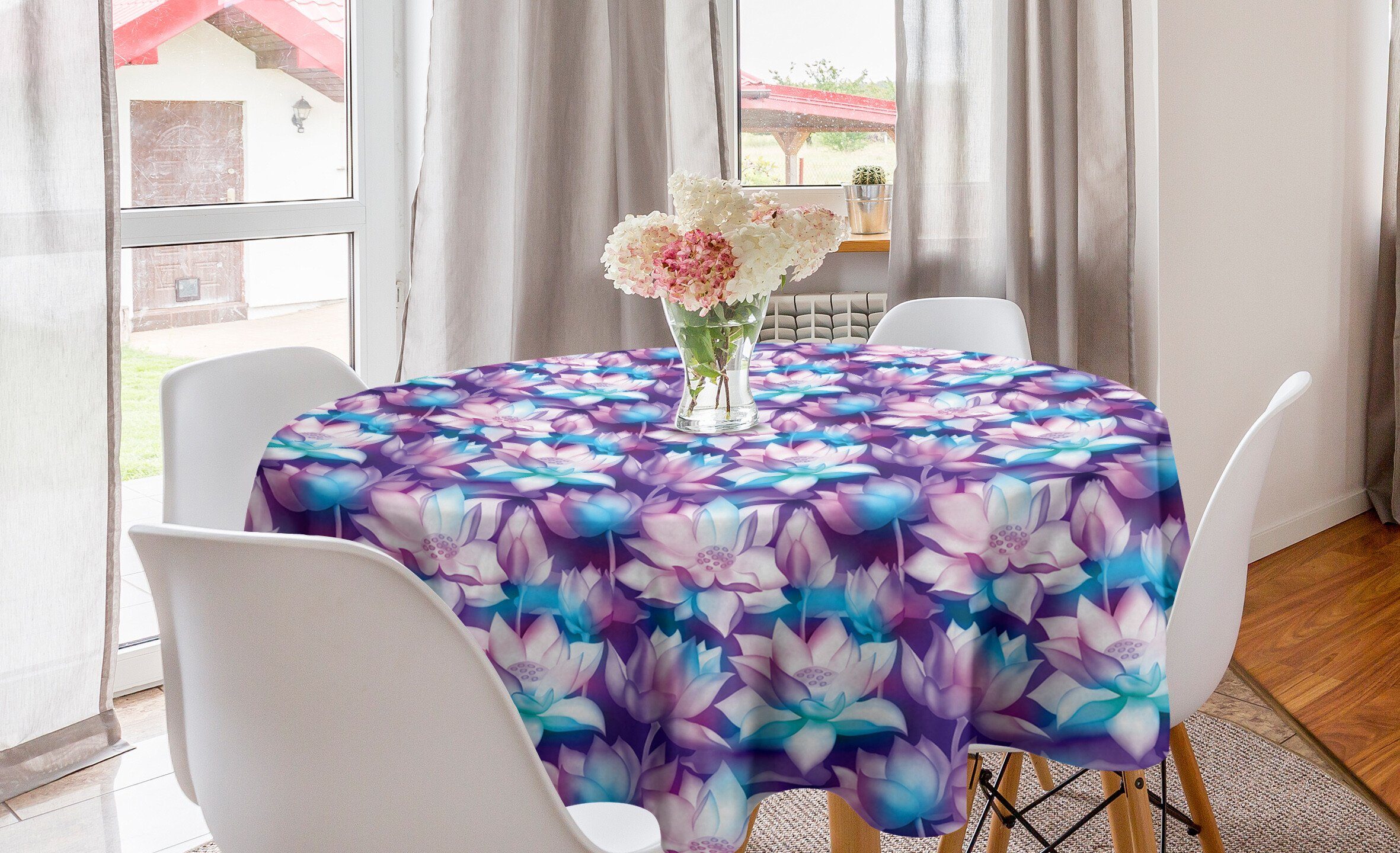 Abakuhaus Tischdecke Kreis Tischdecke Abdeckung für Esszimmer Küche Dekoration, Blumen Lotus-Blume und Knospen Motive