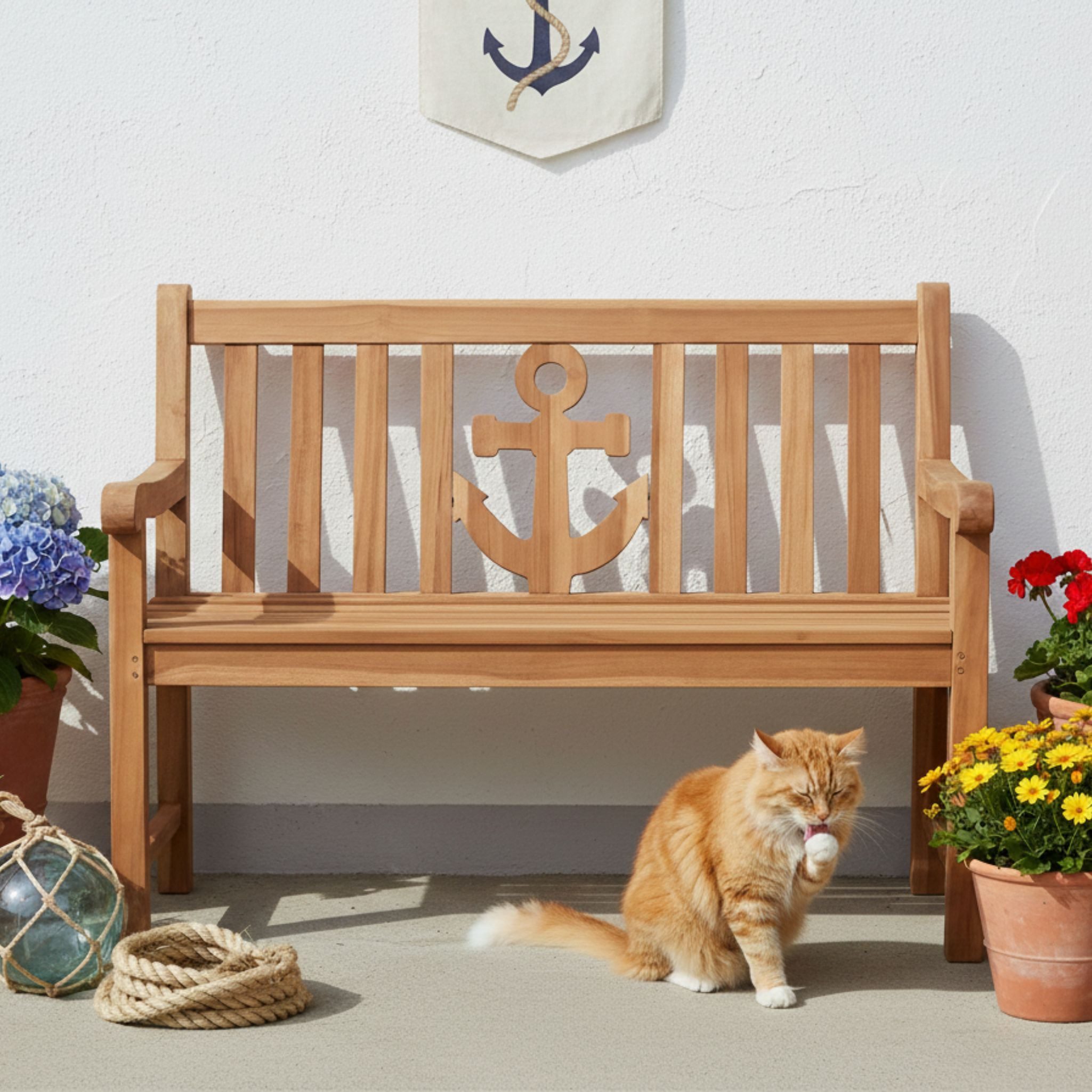 MR.DEKO Gartenbank Teak Anker 120 cm – Massivholz maritim & wetterfest, Sitzbank (2-Sitzer Bank, zerlegt geliefert, ideal für Terrasse, 1-St), Massive Sitzbank Garten und Balkon, 250 kg belastbar