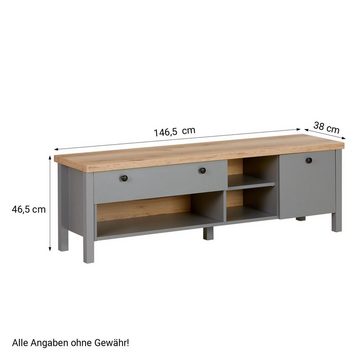 Homestyle4u TV-Board TV Board TV-Schrank Grau 146,5 cm Lowboard Unterschrank Holz Natur (kein Set)
