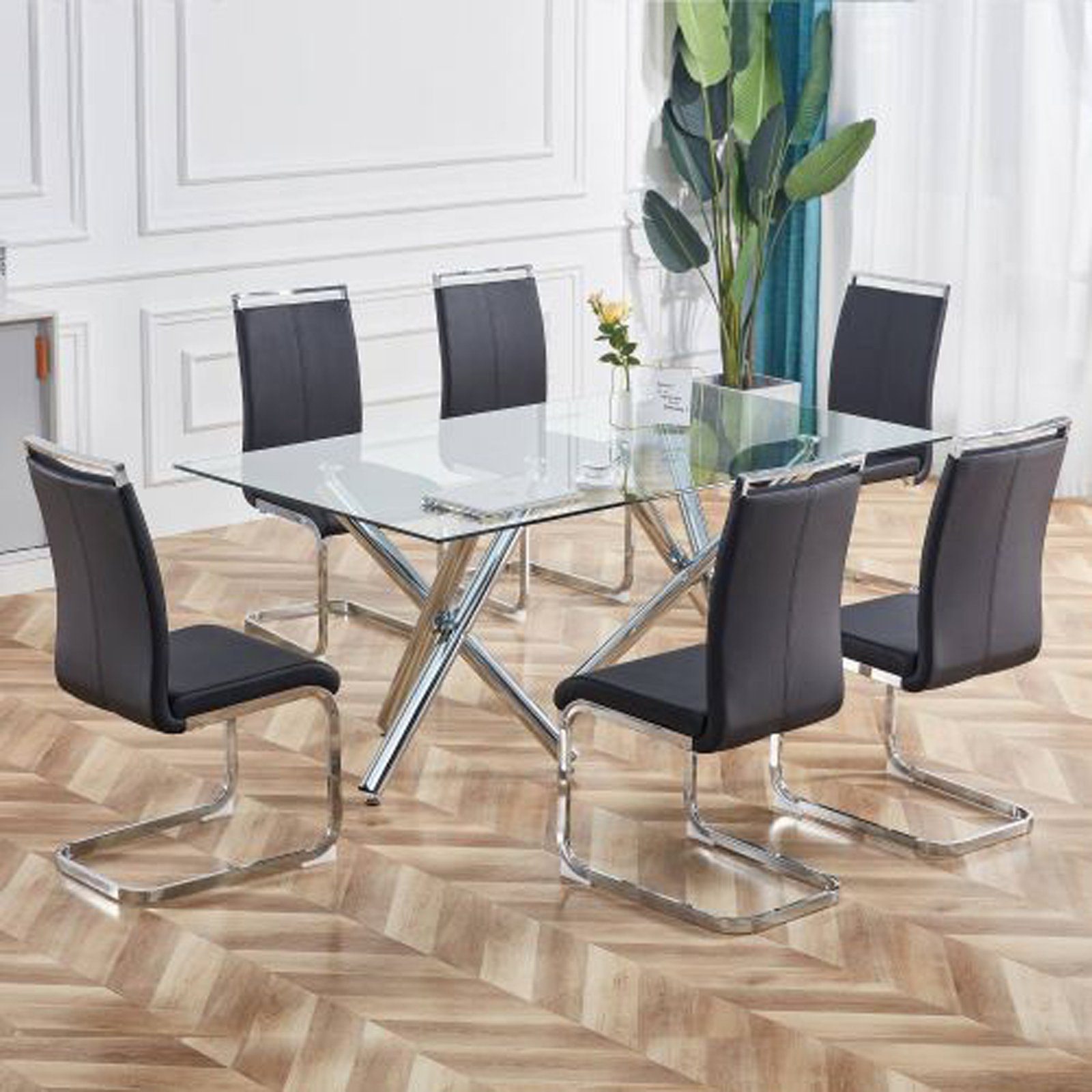 PU Freischwinger Esszimmer Stuhl Hoher 4 Schwarz mit Set, St), Kufengestell(Set Freischwinger Stuhl SEEZSSA Sitzlehne mit Griffloch Verchromtes Metallgestell