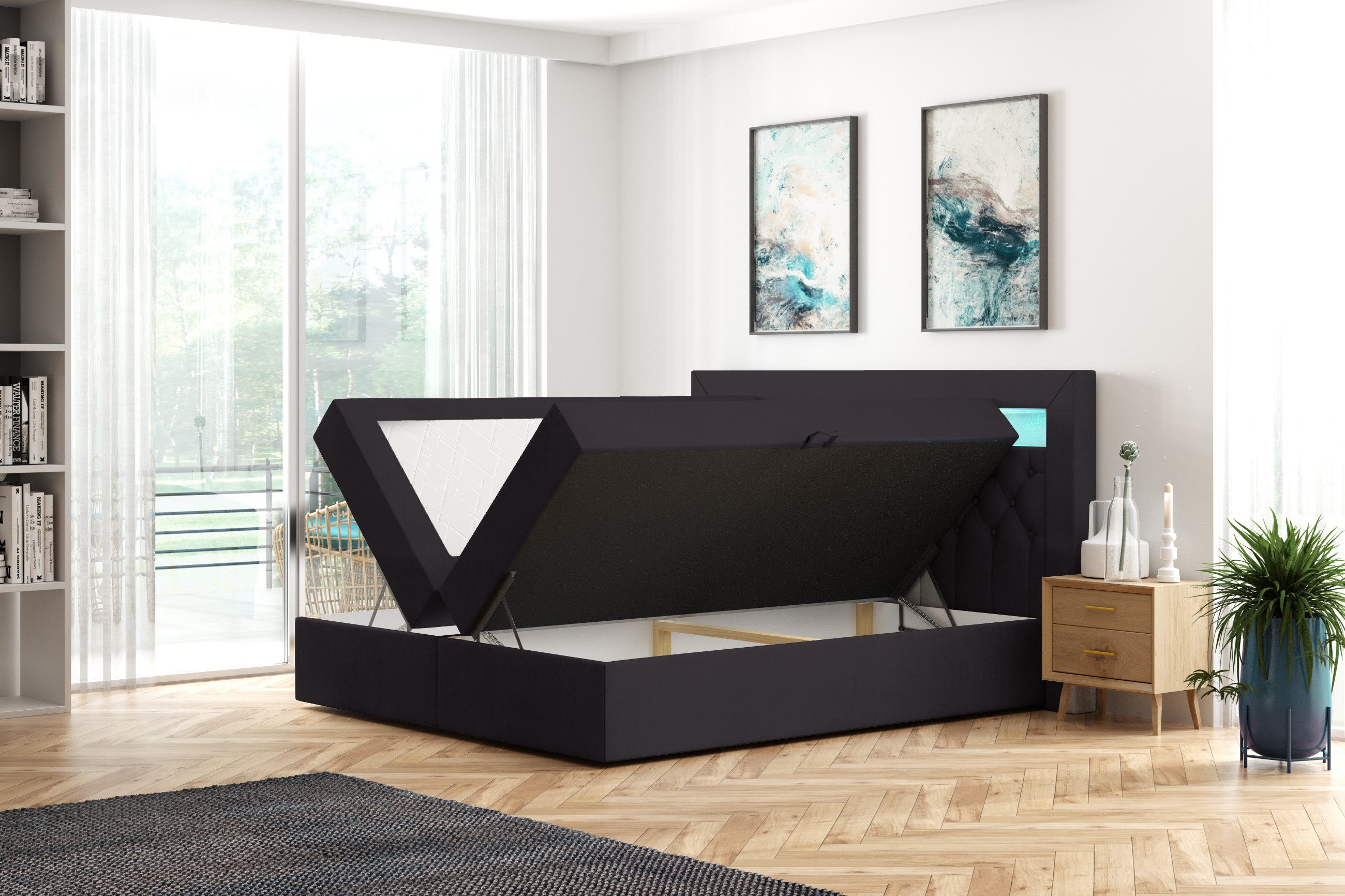 M-Punkt24 Boxspringbett Boxspringbett Paris 180x200cm Grau Schwarz Bettkasten LED H3 (Liegefläche 180 x 200 cm), inkl. Bettkästen und Topper, Kopfteil mit LED