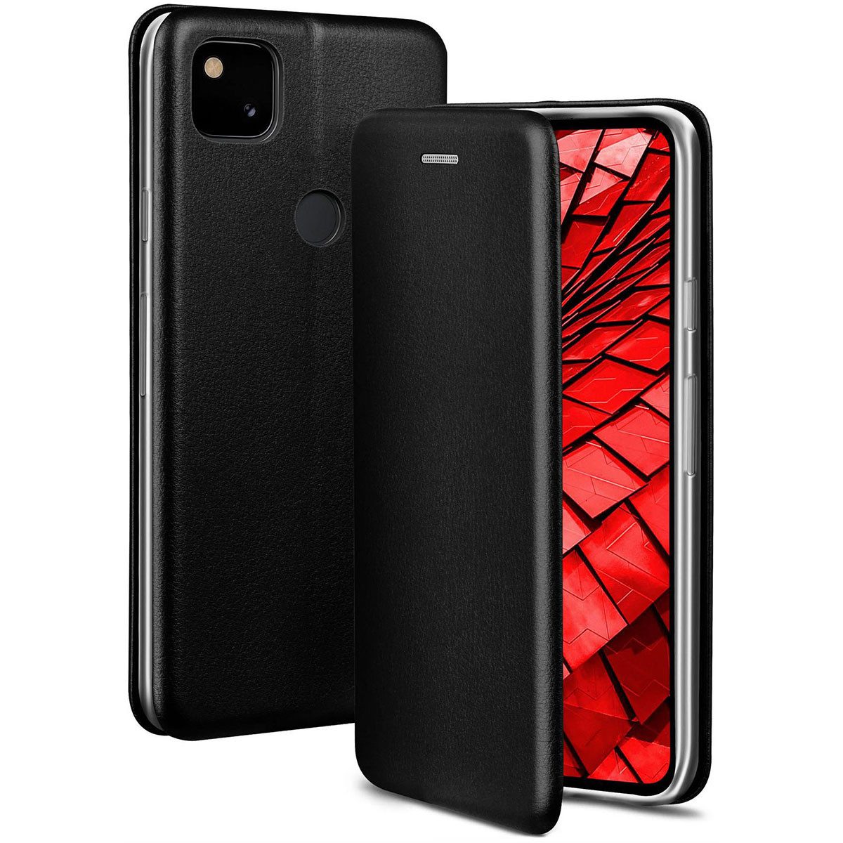 ONEFLOW Handyhülle für Google Pixel 4a Premium Hülle Business Cover Schwarz 5,81 Zoll, 360 Grad Schutzhülle Flip Case Etui Klapphülle Dünn Leder Handy Tasche