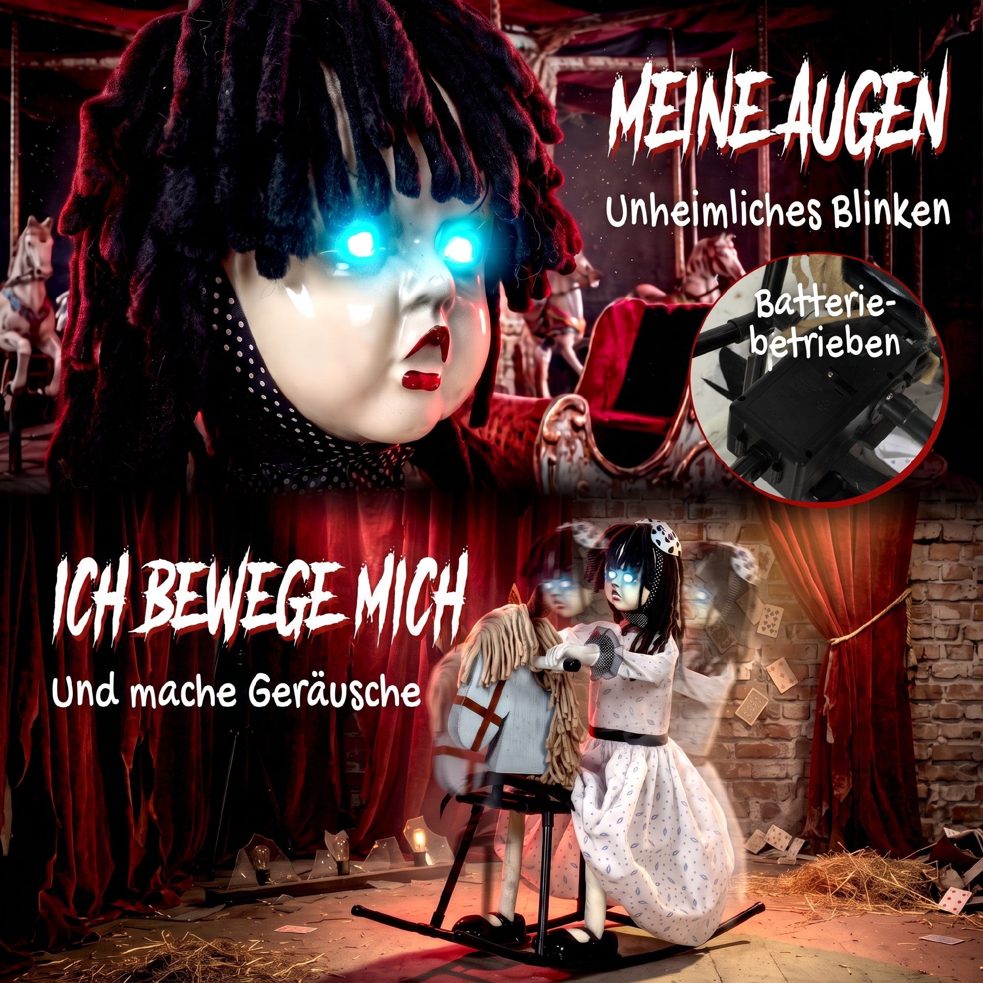 HOMCOM Dekofigur Animiertes Halloween-Mädchen mit Reimen (Set, 1 St., 1-tlg), Sound-,Touch-Aktivierung, LED-Augen, schaukelt – Bild 4 von 5