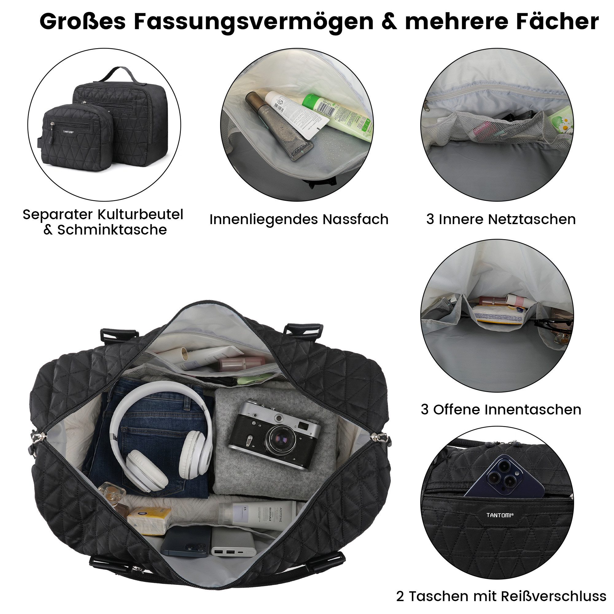 TANTOMI Reisetasche 3-Tlg Set Reisetasche Groß, Weekender Handgepäck Tasche (Erweiterbares Weekender Bag mit Nassfach), Leichte Travel Bag mit Schuhfach Kulturb – Bild 4 von 5